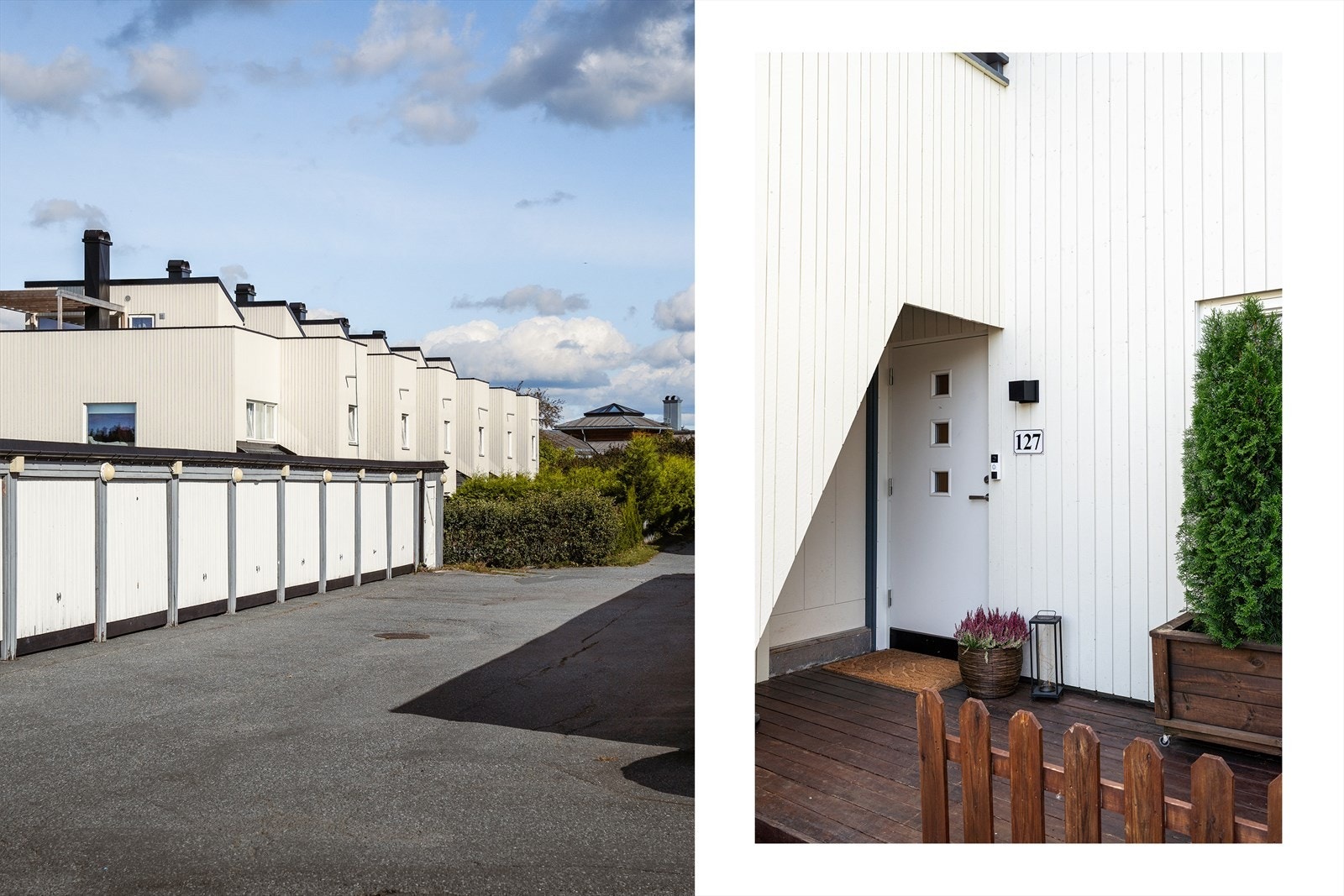 På inngangssiden er det en terrasse på ca. 7 kvm med stakittgjerde og blomsterkasse. Galleribilde