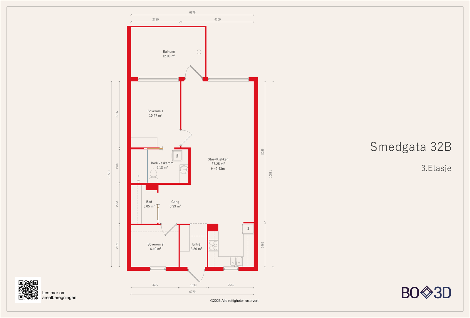 Leiligheten i tredje etasje har en åpen stue- og kjøkkenløsning med direkte utgang til en 12 m² balkong. Galleribilde