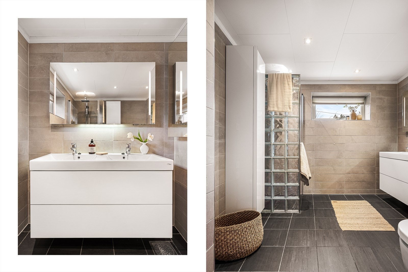 Stilrent og moderne bad med god belysning, doble servanter og romslig dusj. Perfekt for en avslappende start på dagen. Galleribilde