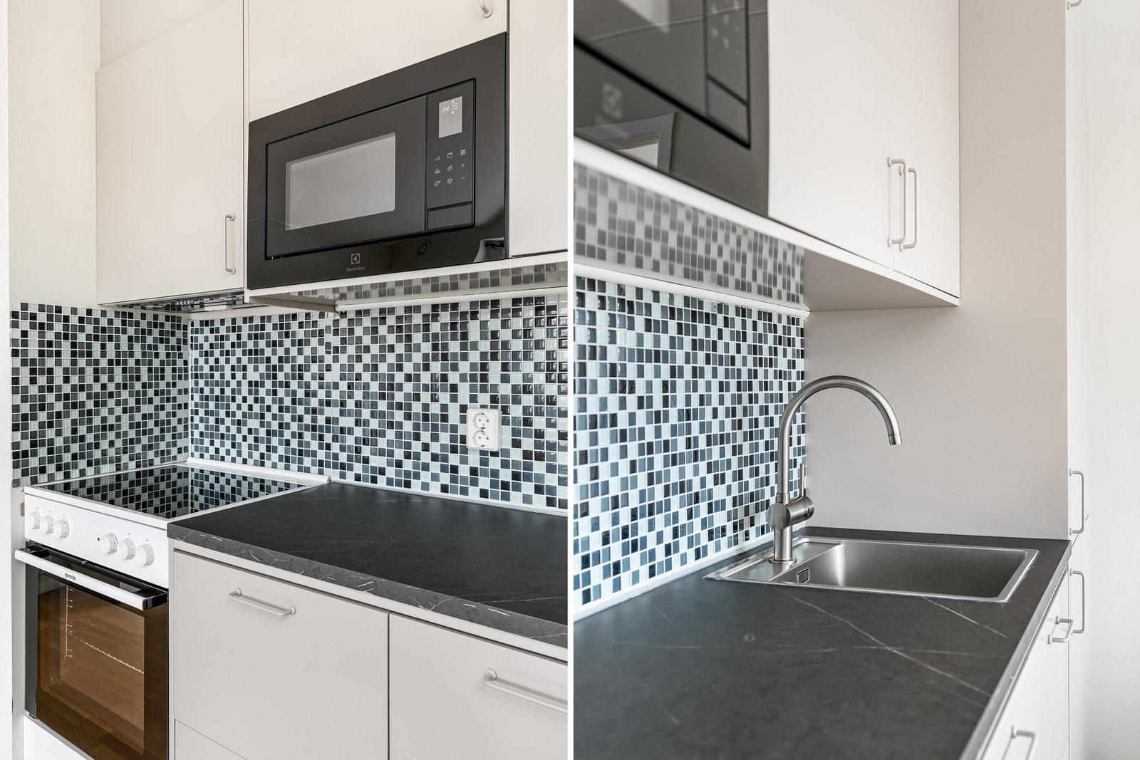 Kjøkkeninnredningen er kompakt, men bruksvennlig med arbeidsflate mellom vask og kokesone. Galleribilde