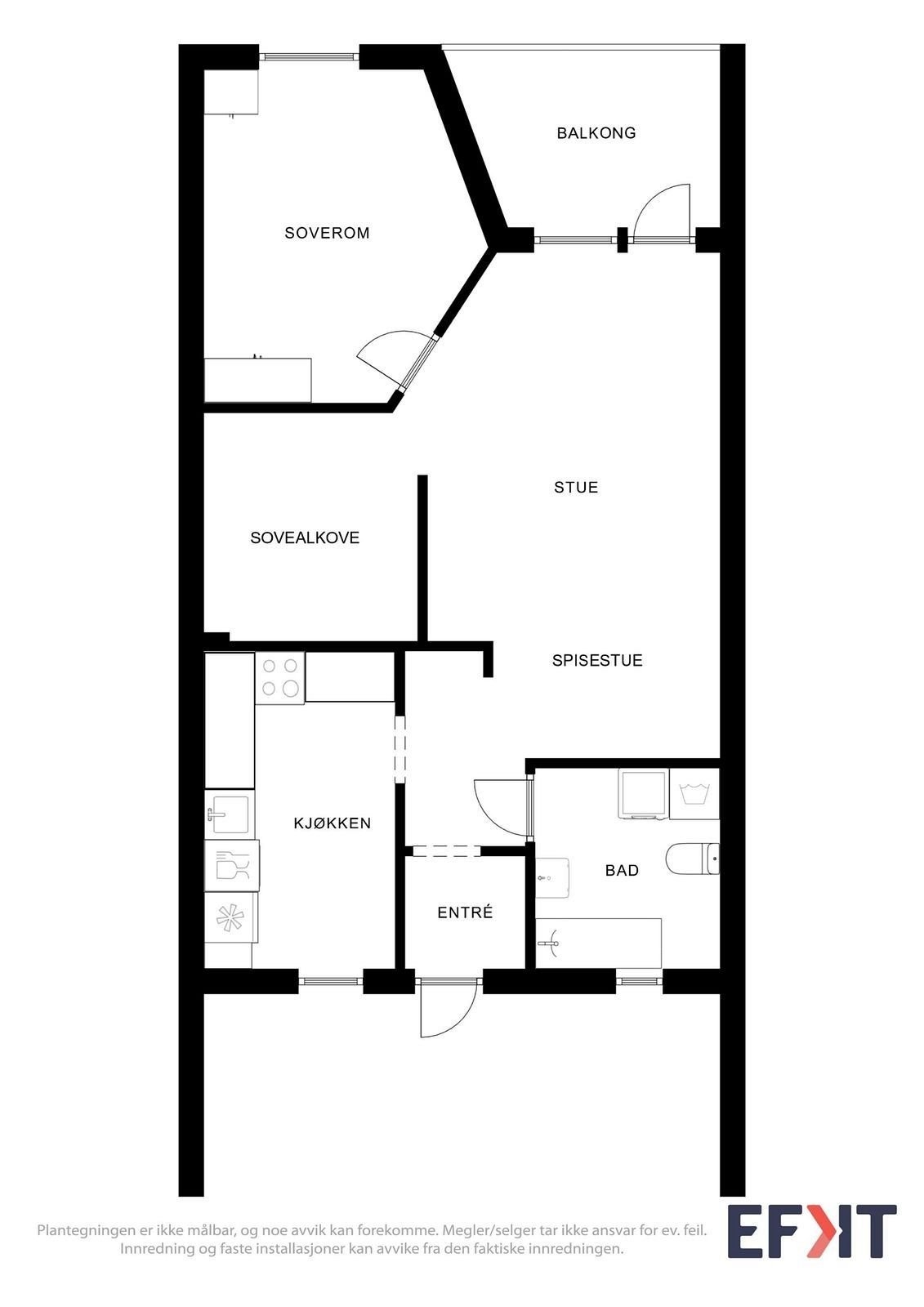 Det er plassert en garderobe i stuen for å skape en sovealkove. Skapet kan følger med hvis kjøperen ønsker det. Galleribilde
