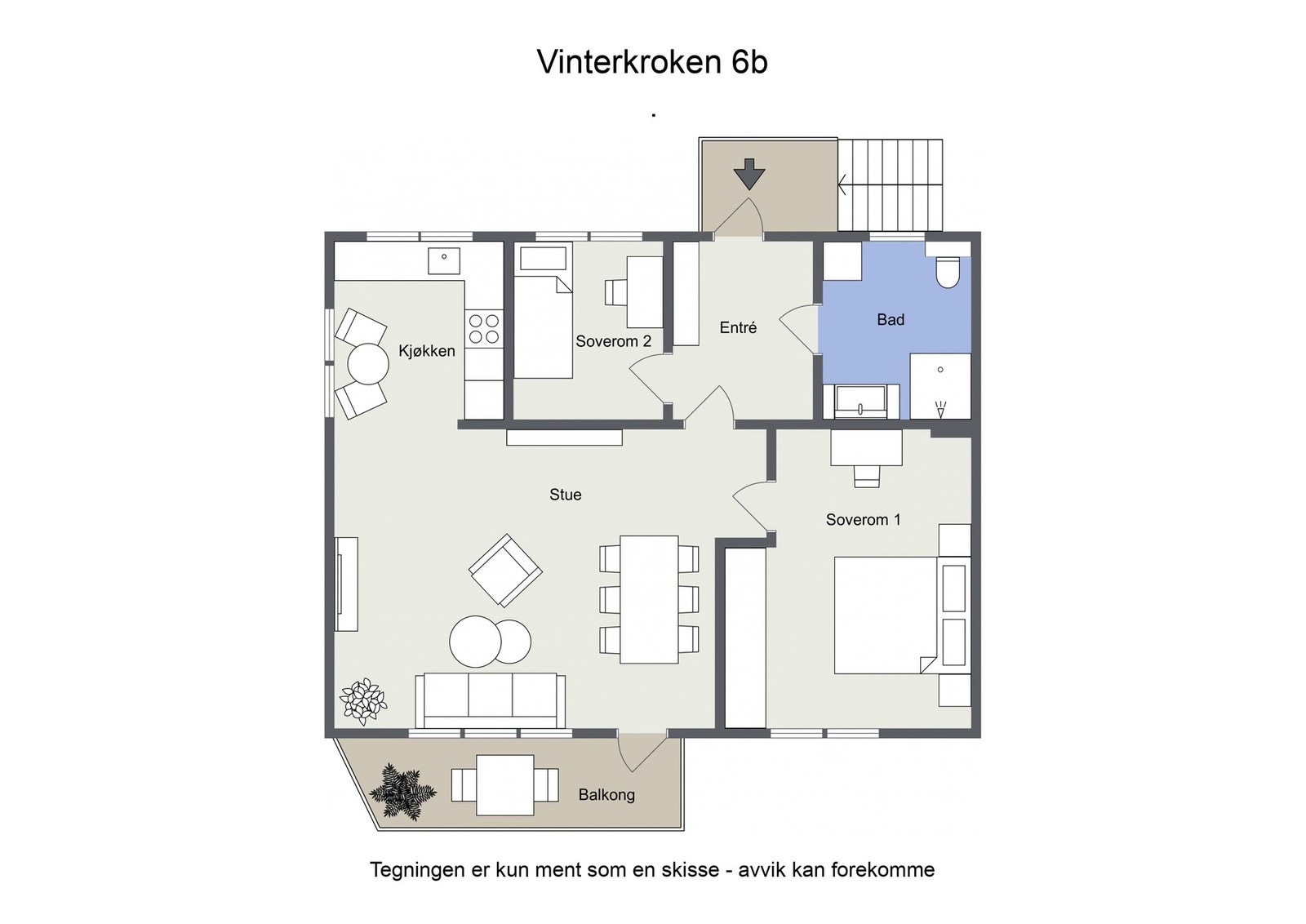 Leilighet i 2. etasje på 67 kvm: Entré, bad/vaskerom, stue, kjøkken og to soverom. Galleribilde