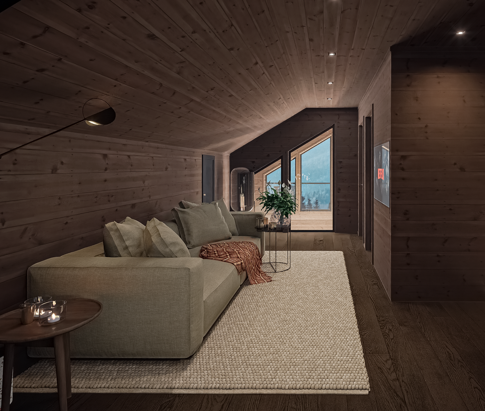 En koselig loftstue, perfekt for å trekke seg tilbake og nyte en god film (Illustrasjon, avvik kan forekomme) Galleribilde