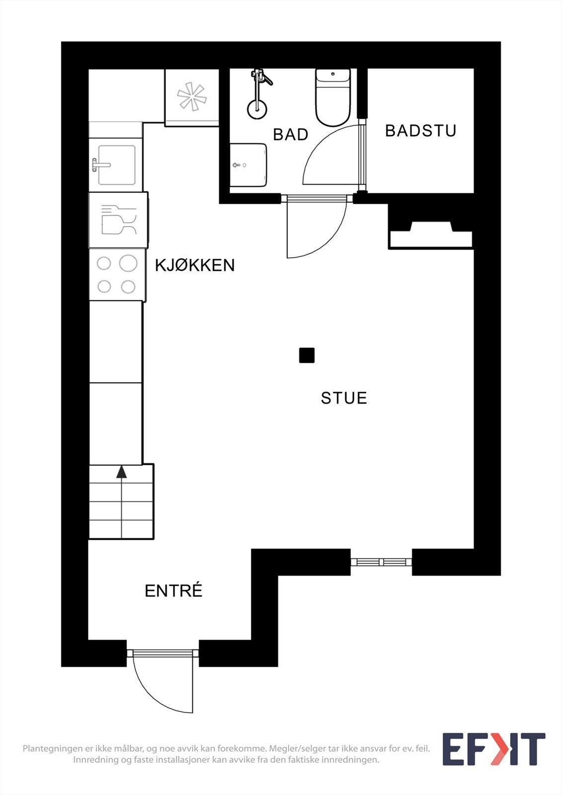 Plantegning for 1. etasje. Etasjen inneholder entré, stue/kjøkken, bad og badstue. Galleribilde