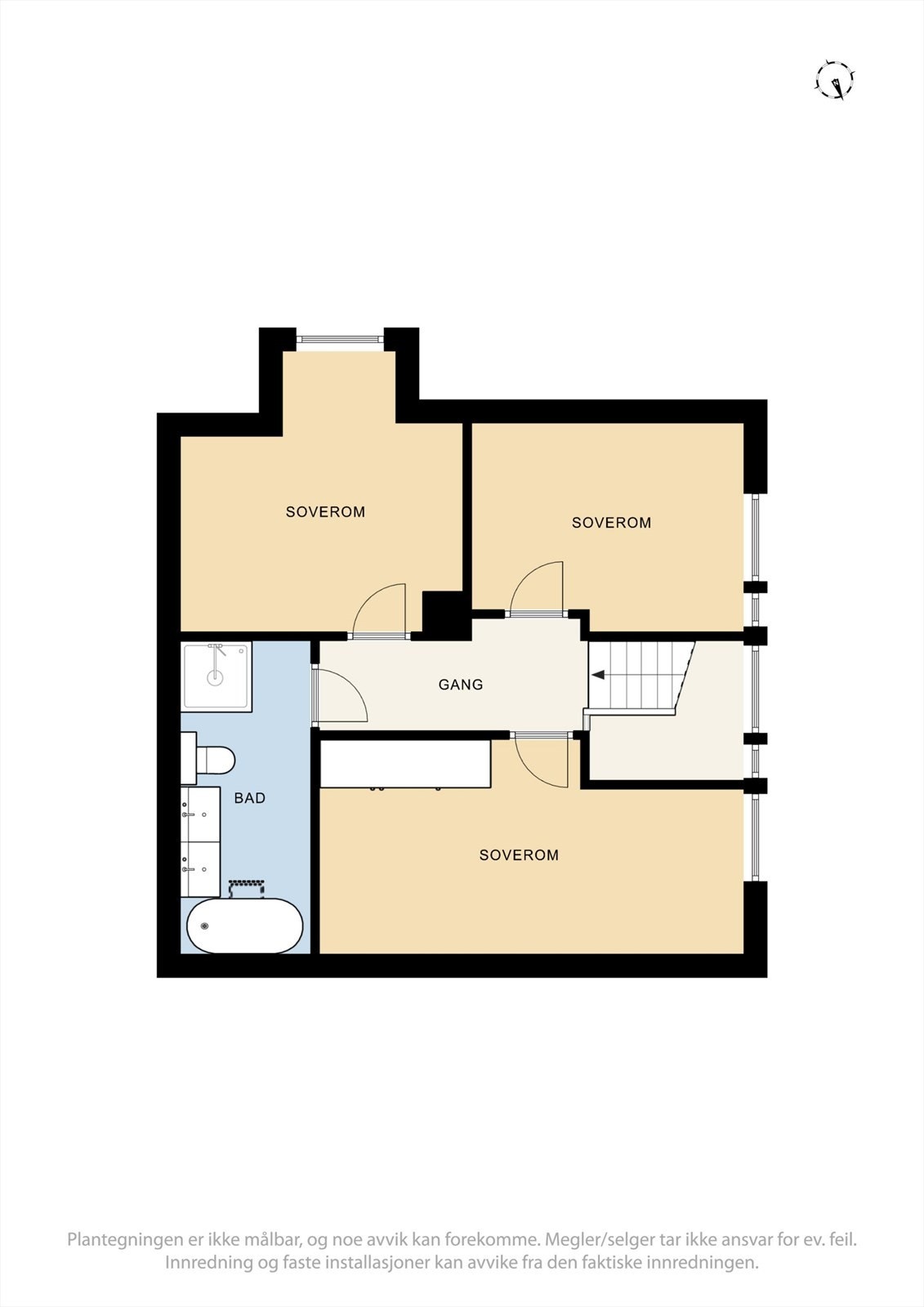 Andre etasje består av en privat sone med tre soverom og et bad. Galleribilde