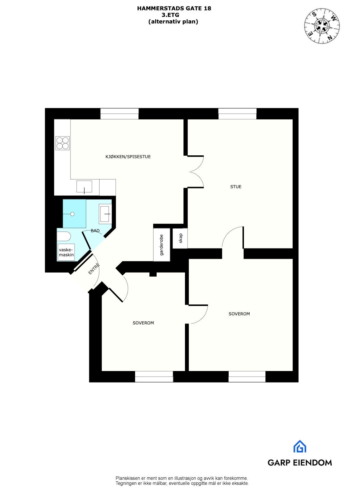 Alternativ planløsning med åpen stue/kjøkkenløsning og to soverom. (Selger og megler tar ingen ansvar/risiko for at tiltakene er gjennomførbare). Galleribilde