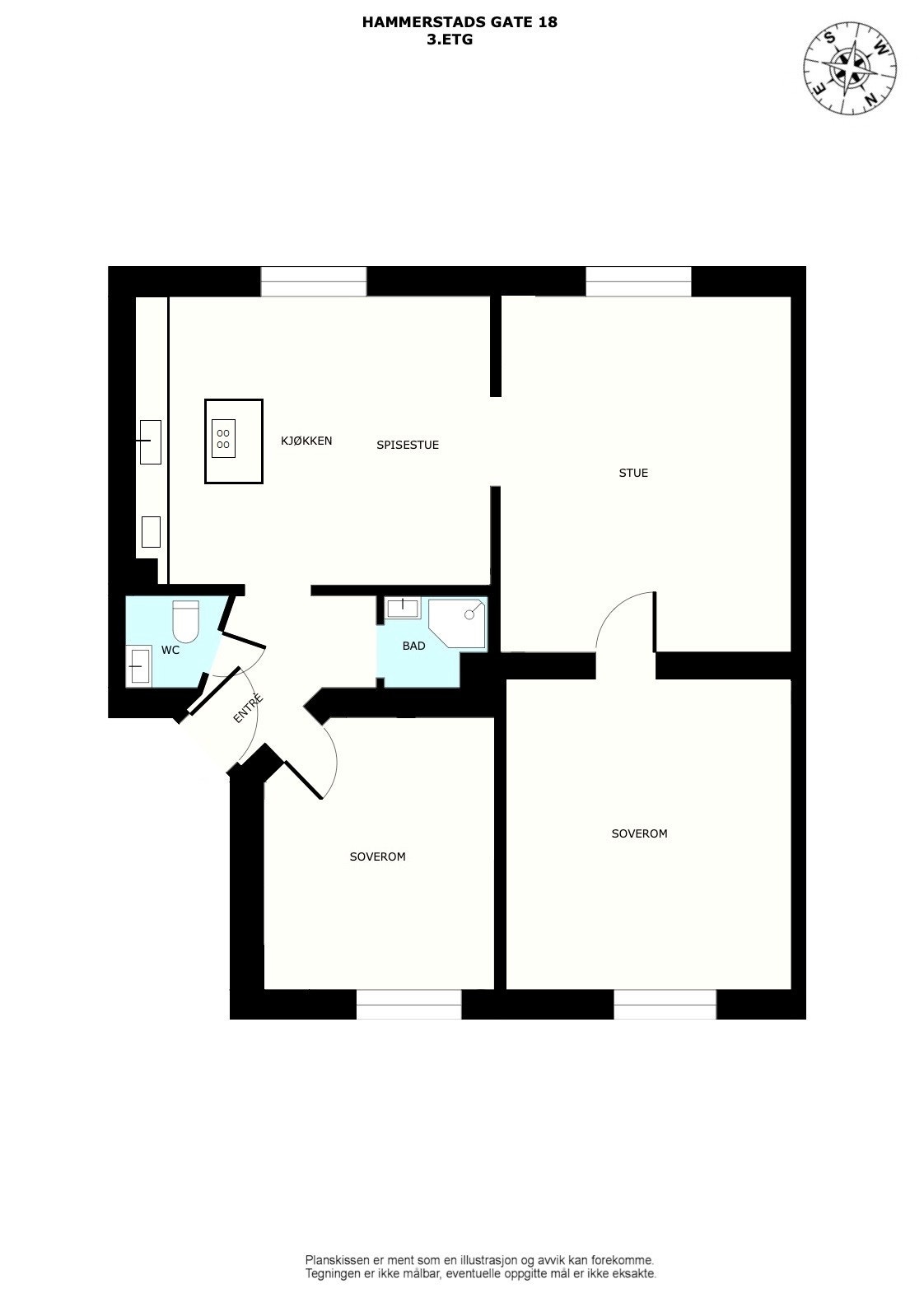 Alternativ planløsning med åpen stue/kjøkkenløsning, to soverom og to bad. (Selger og megler tar ingen ansvar/risiko for at tiltakene er gjennomførbare). Galleribilde