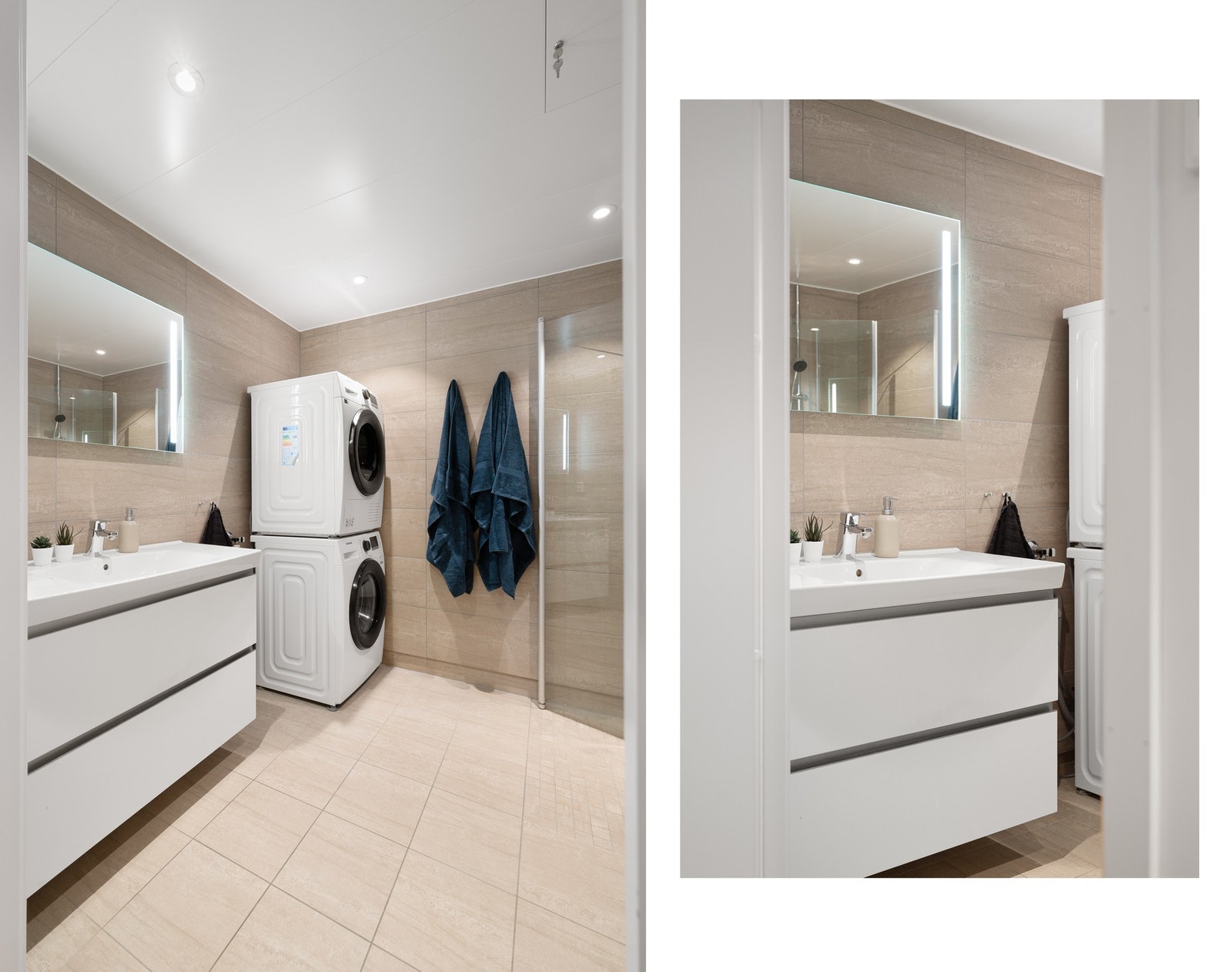 Delikat og moderne bad med servant, toalett, dusj og opplegg for vaskemaskin og tørketrommel, samt flislagt gulv med behagelige varmekabler Galleribilde