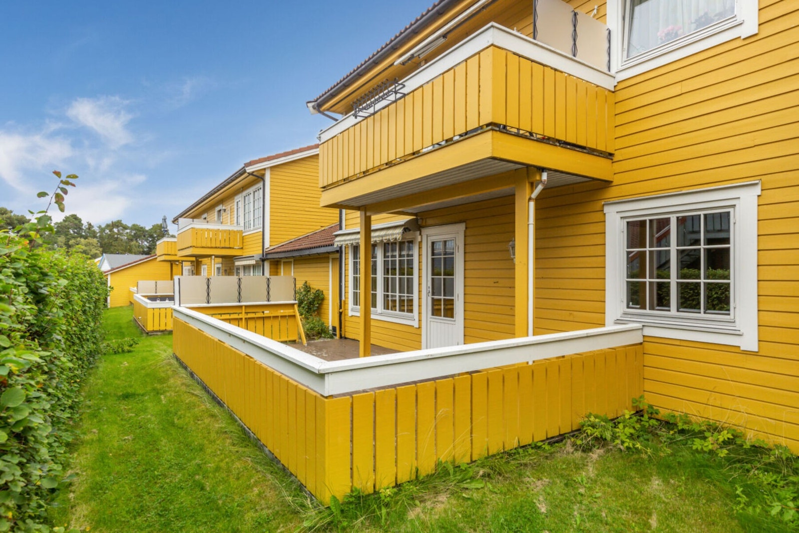 Sommerbilde av terrassen omkranset av grøntareal. Galleribilde