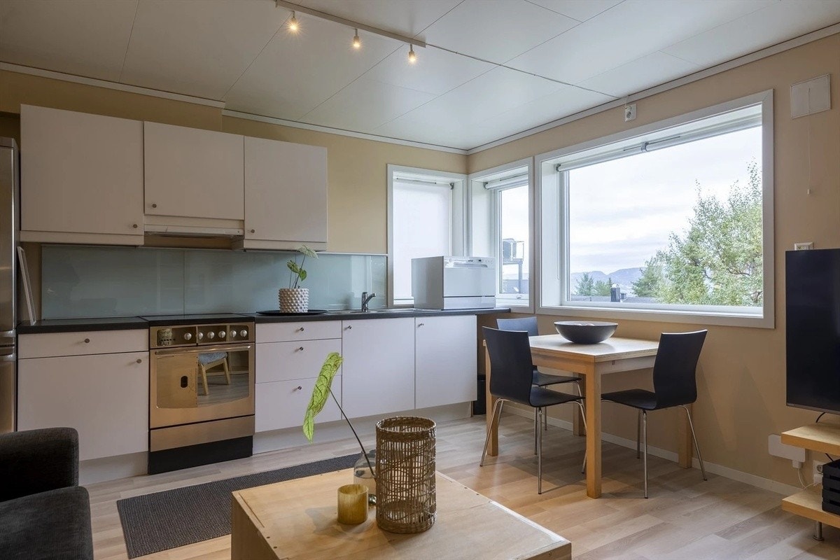 Romslig kjøkken og stue. Komfyr, kjøleskap og oppvaskmaskin medfølger. En av få leiligheter i første etasje som har utsikt til andre siden av byen. Galleribilde