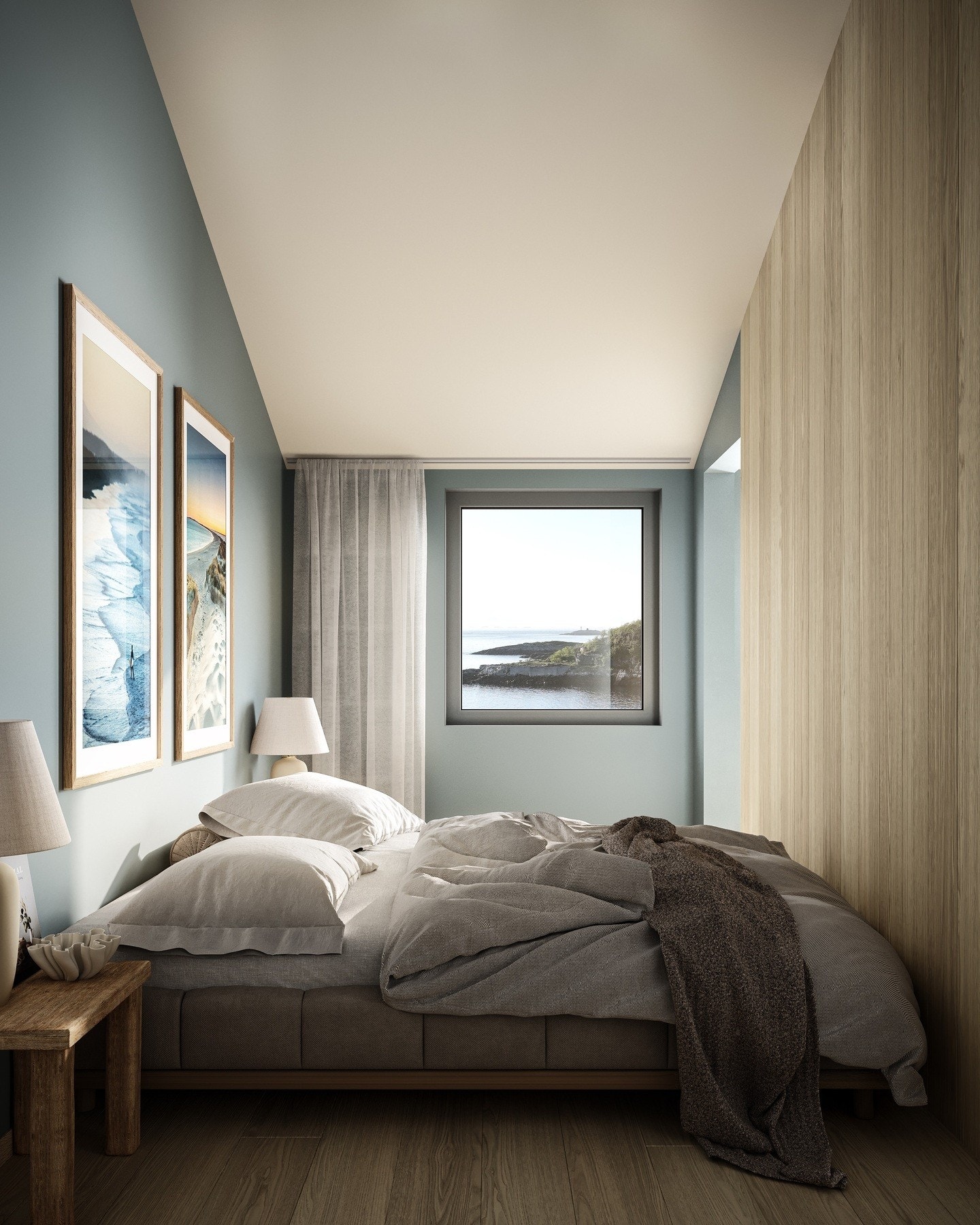 Soverom: malt gips på alle vegger, i fargen Dunky blue (Jotun), unntatt vegg mot stue: samme parkett som på gulv skal monteres på vegg. (Illustrasjon - avvik kan/vil forekomme) Galleribilde