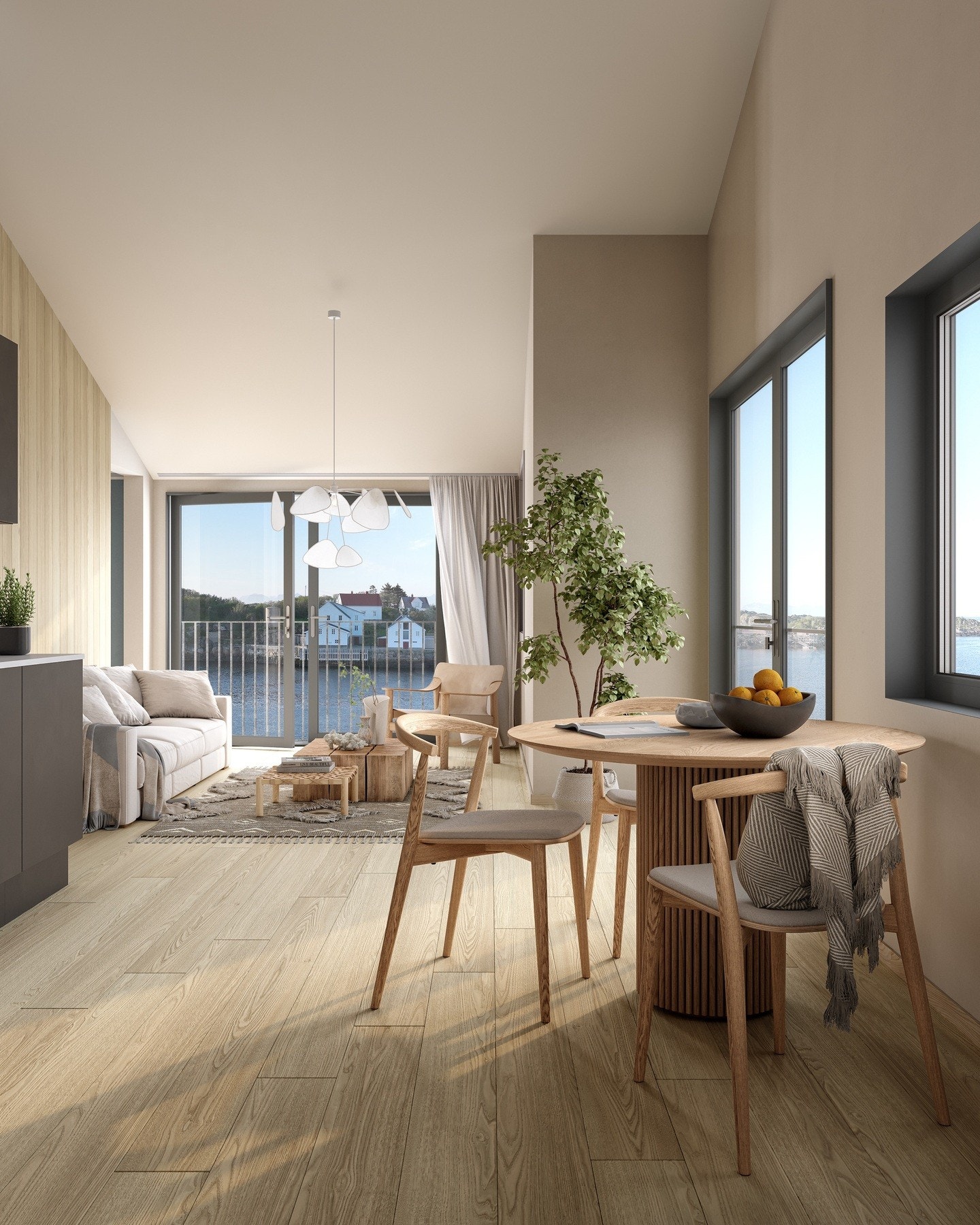 Leveres med flotte parkettgulv, lys og fin fargepalett i tillegg til store vindusflater. (Illustrasjon - avvik kan/vil forekomme) Galleribilde