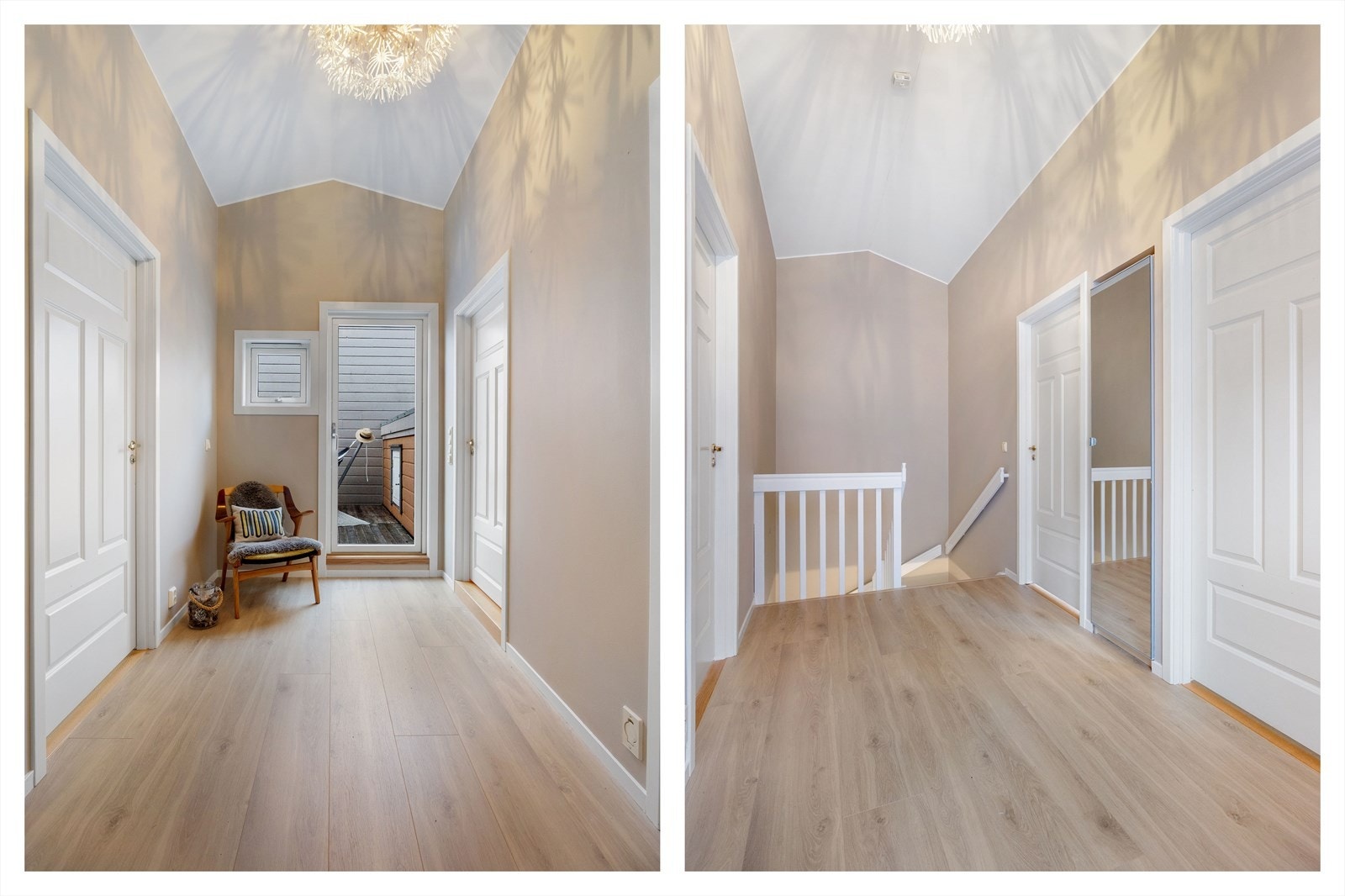 Laminatgulv og lyse vegger gir en innbydende atmosfære i gangen. Galleribilde