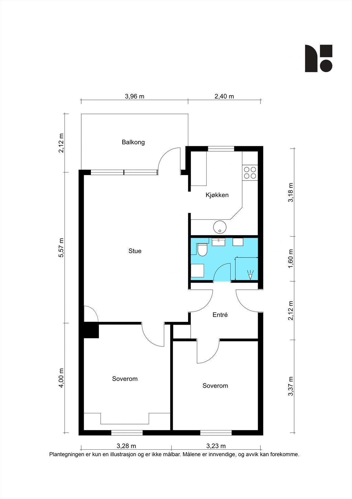 Leiligheten har en arealeffektiv planløsning på 68 m² som omfatter entré, stue, kjøkken, bad og to soverom. Galleribilde