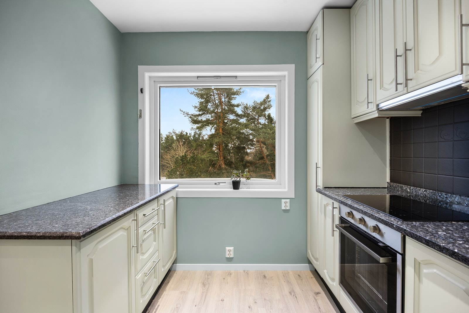 Kjøkkeninnredningen har profilerte fronter som er malt i en tidsriktig farge. Galleribilde