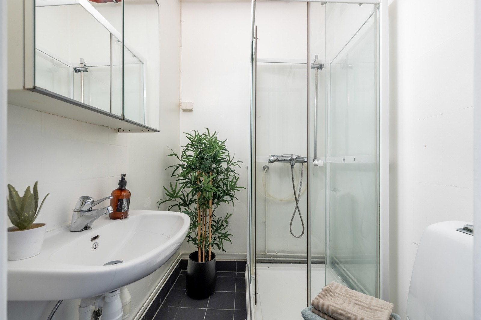 Leilighetens bad har dusjkabinett, toalett, servantinnredning og speilskap - Badet har moderniseringbehov Galleribilde