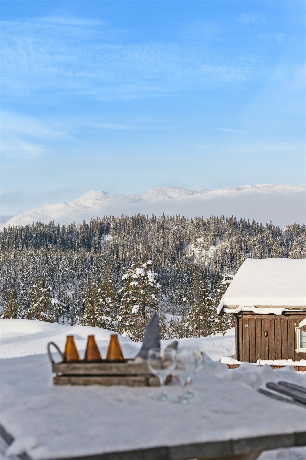 Åpen utsikt fra uteområdet - et fjellpanorama som skifter med årstidene. Galleribilde