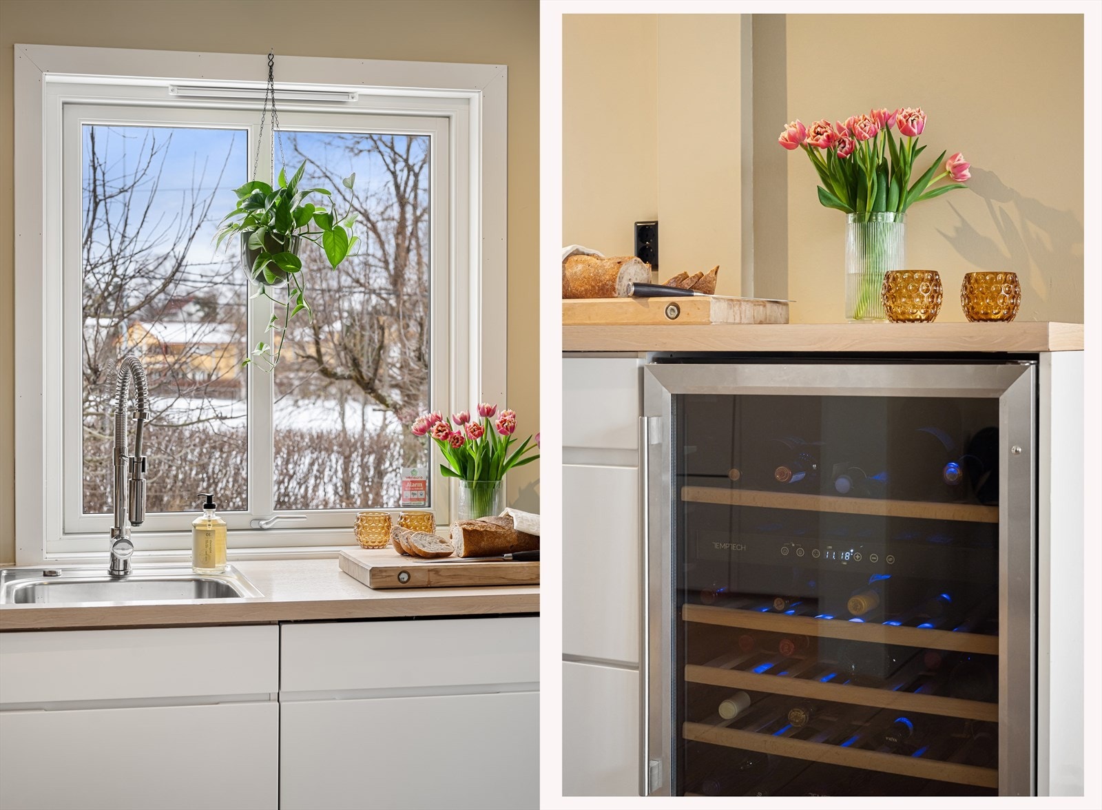 Det er satt av plass til vinskap i enden av kjøkkeninnredningen. Galleribilde