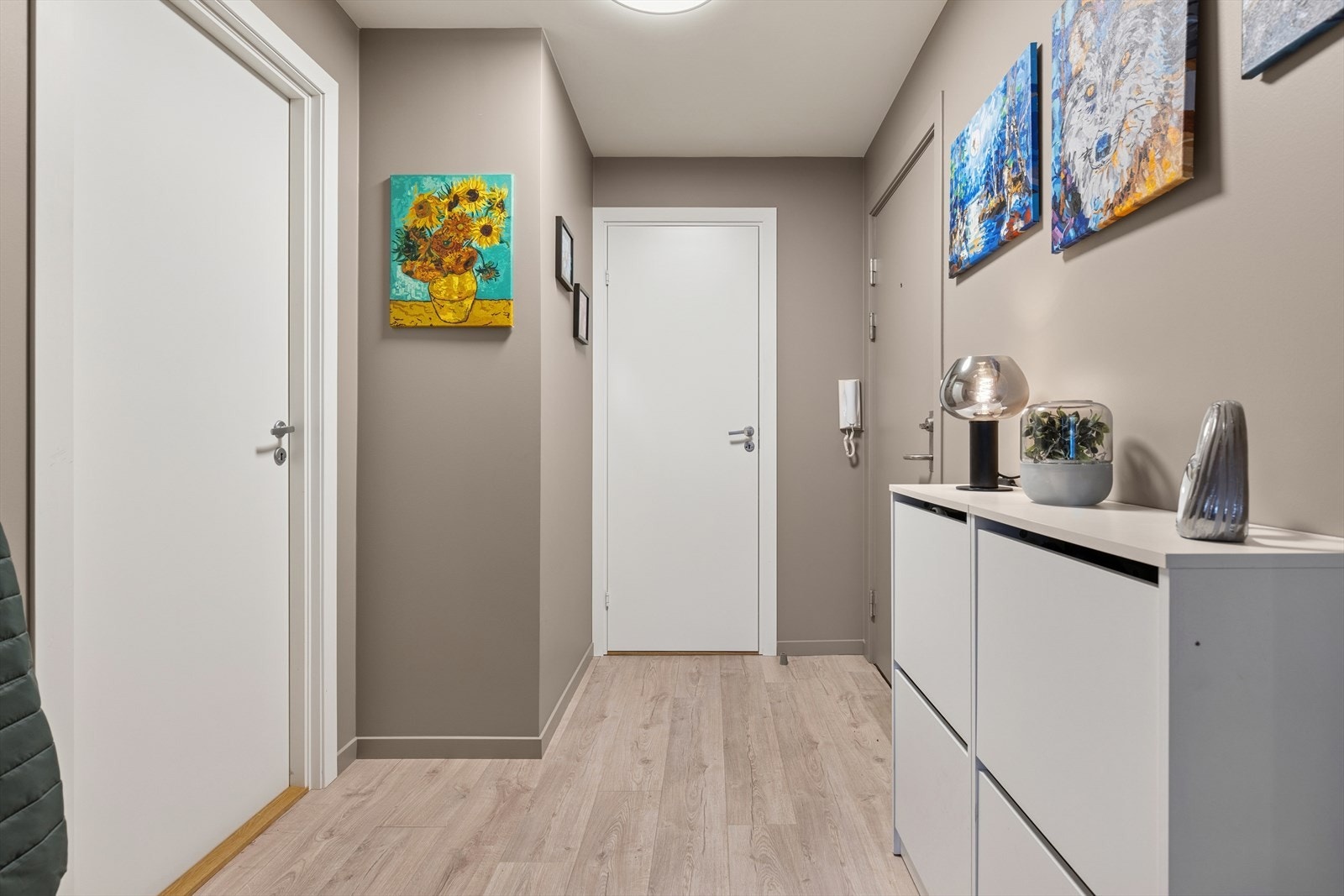 Velkommen inn. Like ved entreen finner det en innvendig bod for oppbevaring av yttertøy. Galleribilde