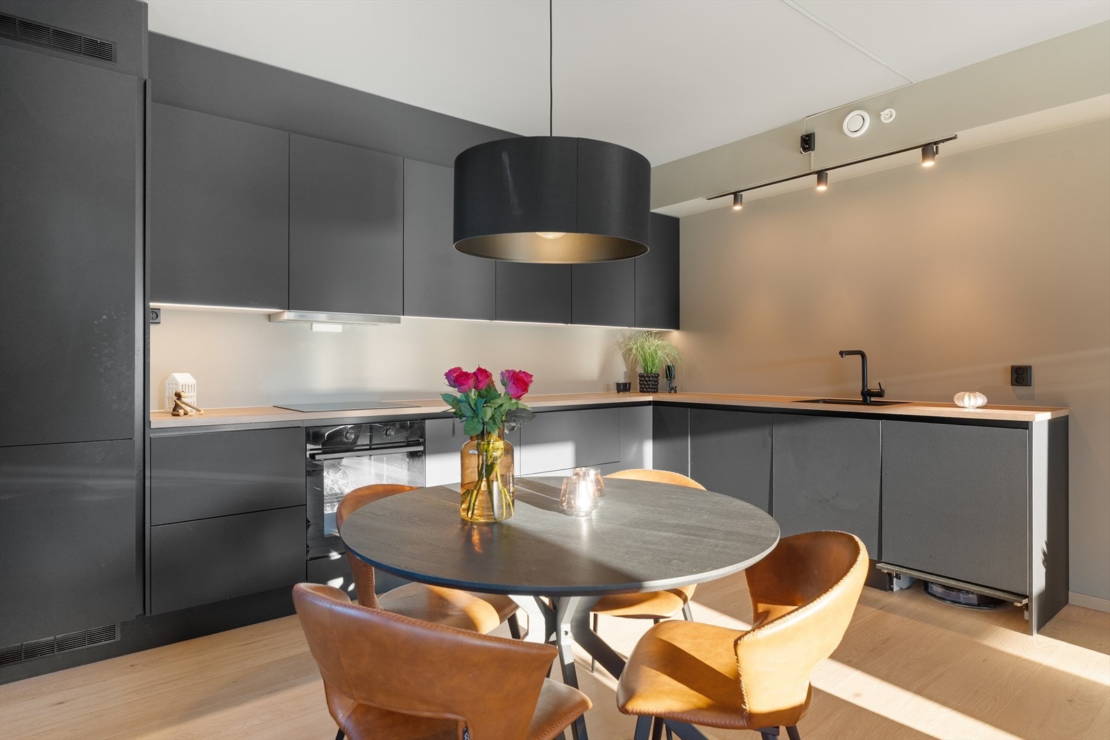 Lekkert kjøkken fra HTH med integrert kjøl/frys, koketopp, stekeovn og oppvaskmaskin. Galleribilde