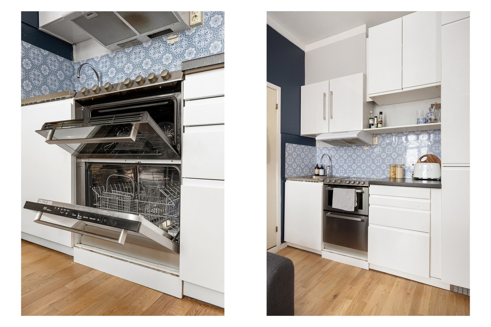 Praktisk løsning med kombinert oppvaskmaskin og stekeovn. Galleribilde