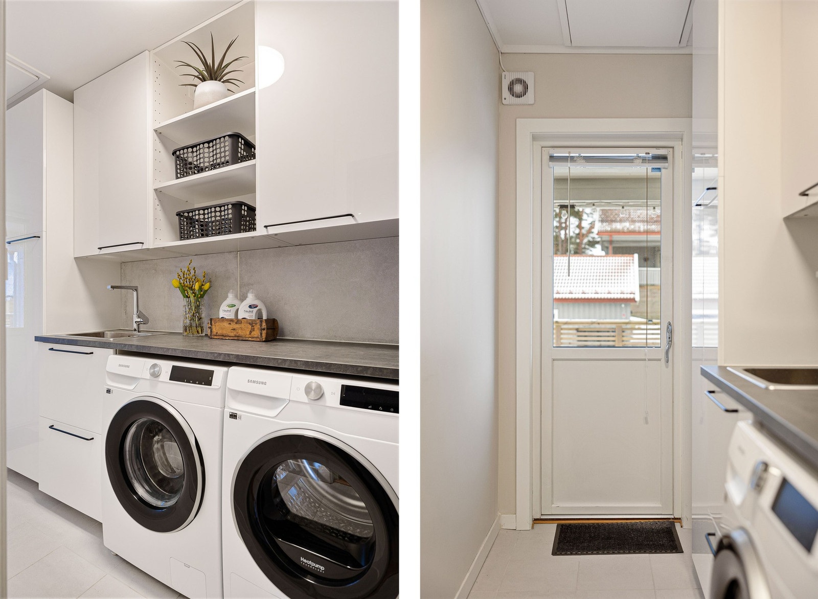 Vaskerom med opplegg for vaskemaskin og tørketrommel. Praktisk oppbevaring. Galleribilde