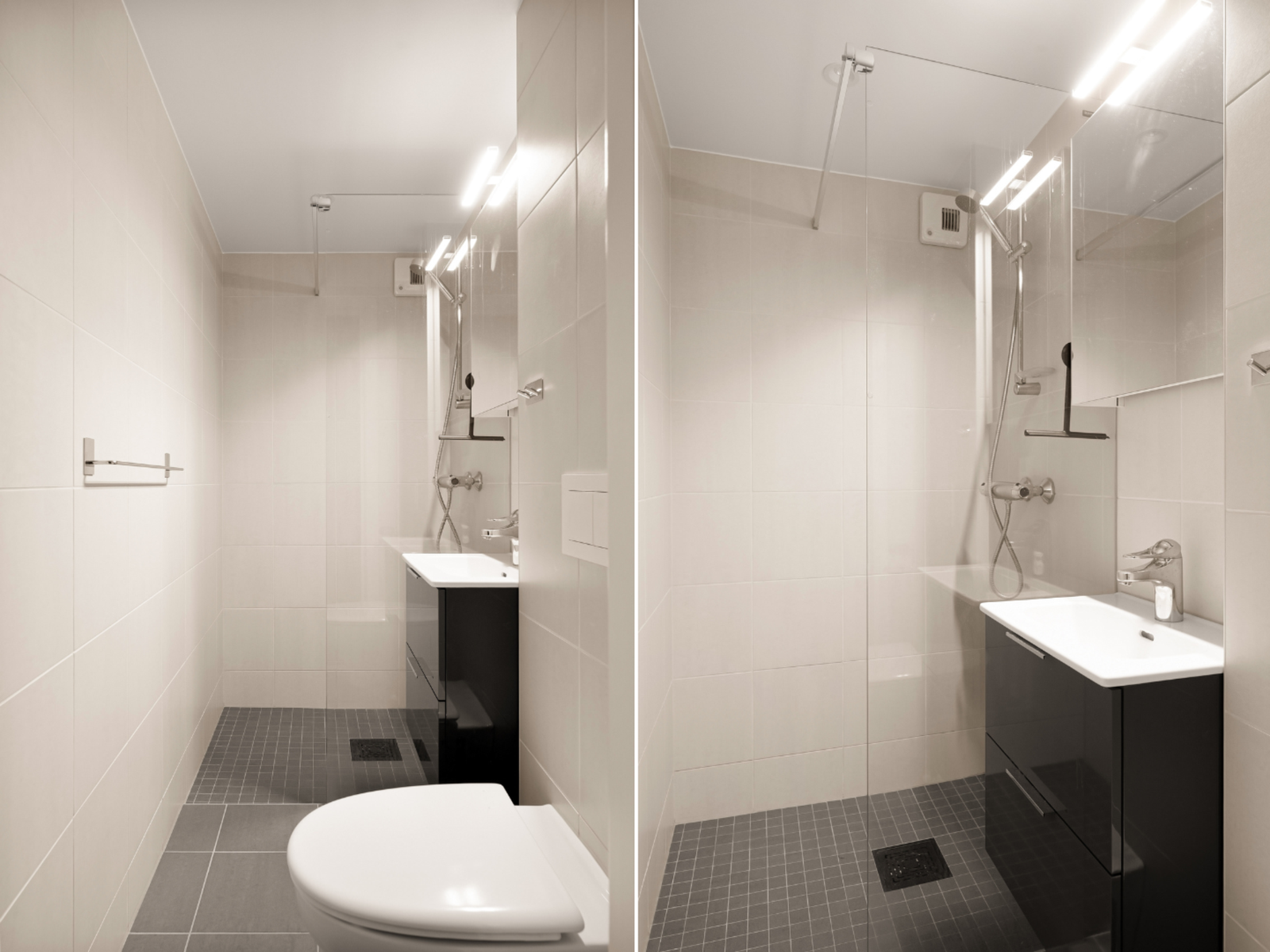 Bad 2 (2022) med dusjnisje, vegghengt WC og moderne innredning, varmekabler og mekanisk avtrekk Galleribilde