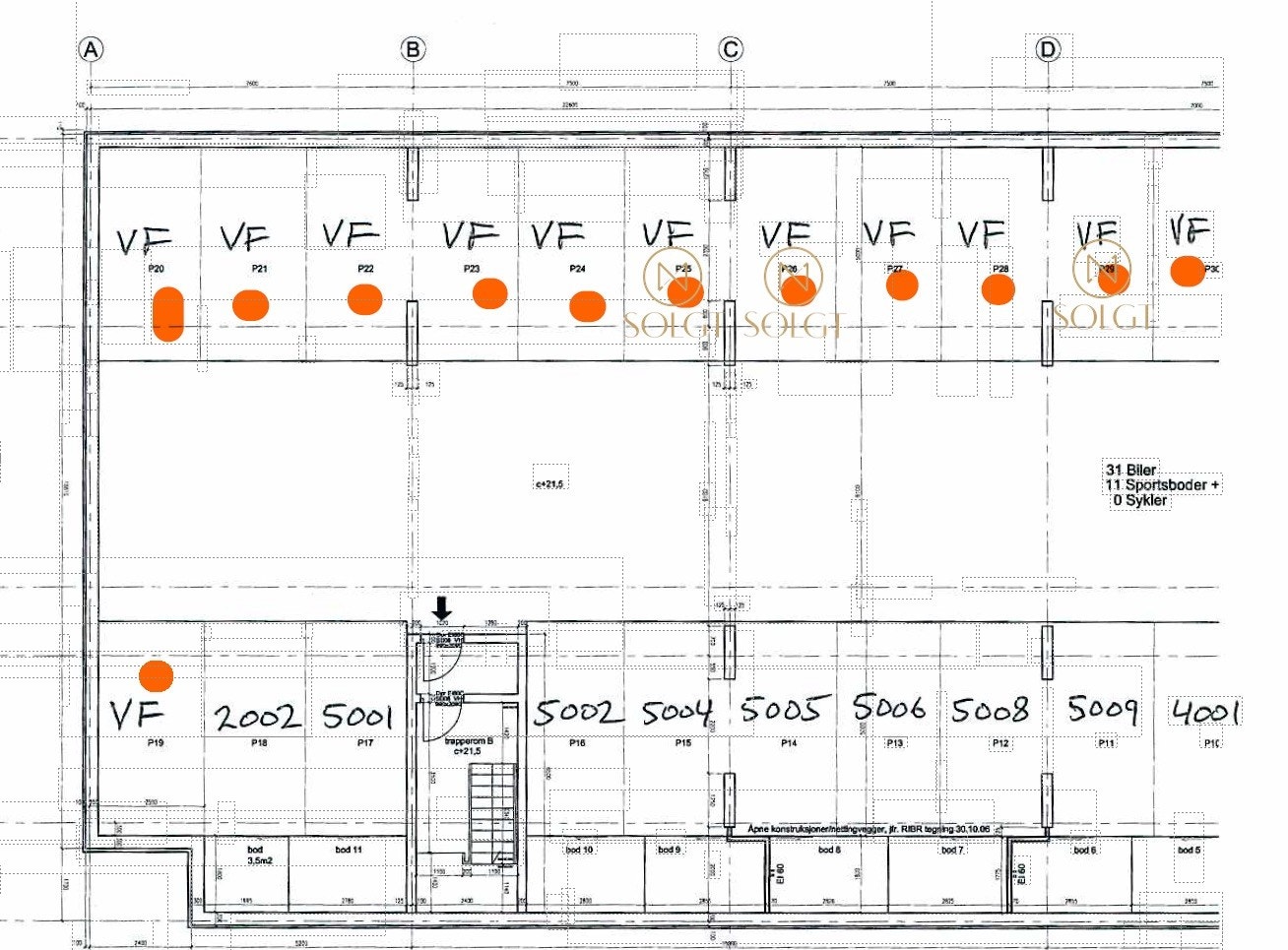 Oversikt over garasjeplassene P19 til P30. Merk at P25, P26 og P29 er solgt. Galleribilde