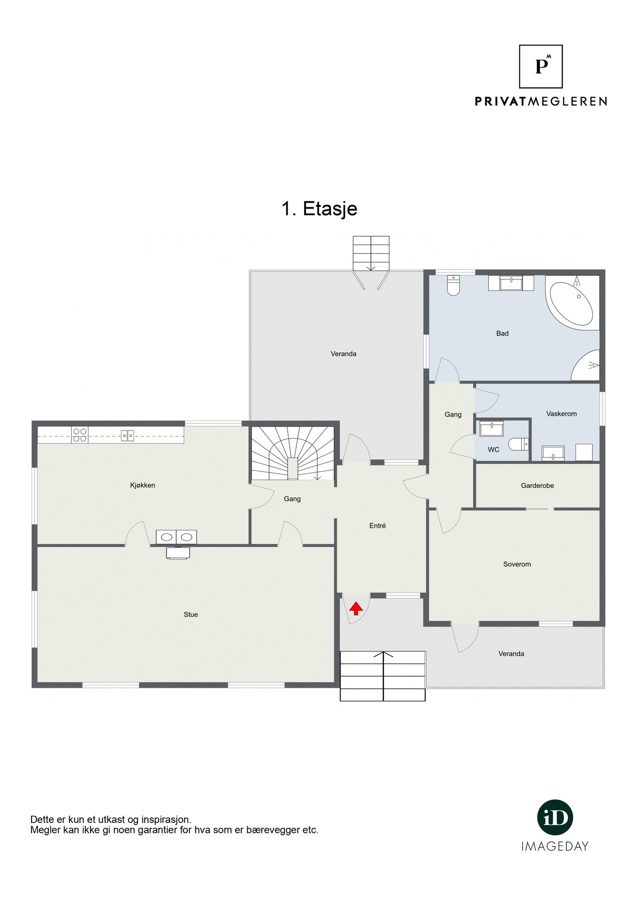 Plantegning 1. etasje: Praktisk hovedplan med stue, kjøkken, bad/vask, toalettrom, soverom og garderobe. Galleribilde