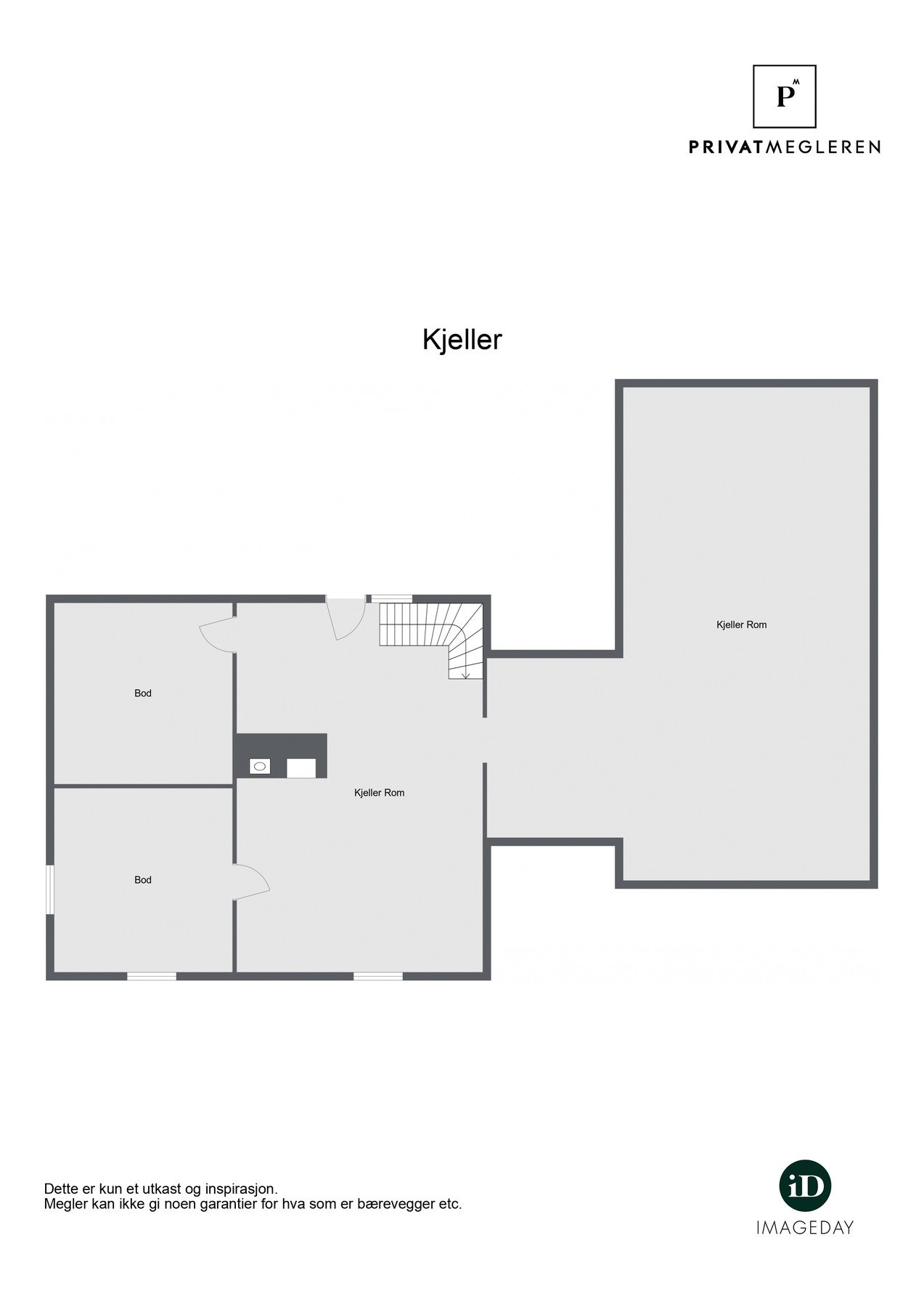 Plantegning kjeller: Stor kjelleretasje med flere rom/boder og ca. 107 kvm gulvareal - svært gode lagringsmuligheter. Galleribilde