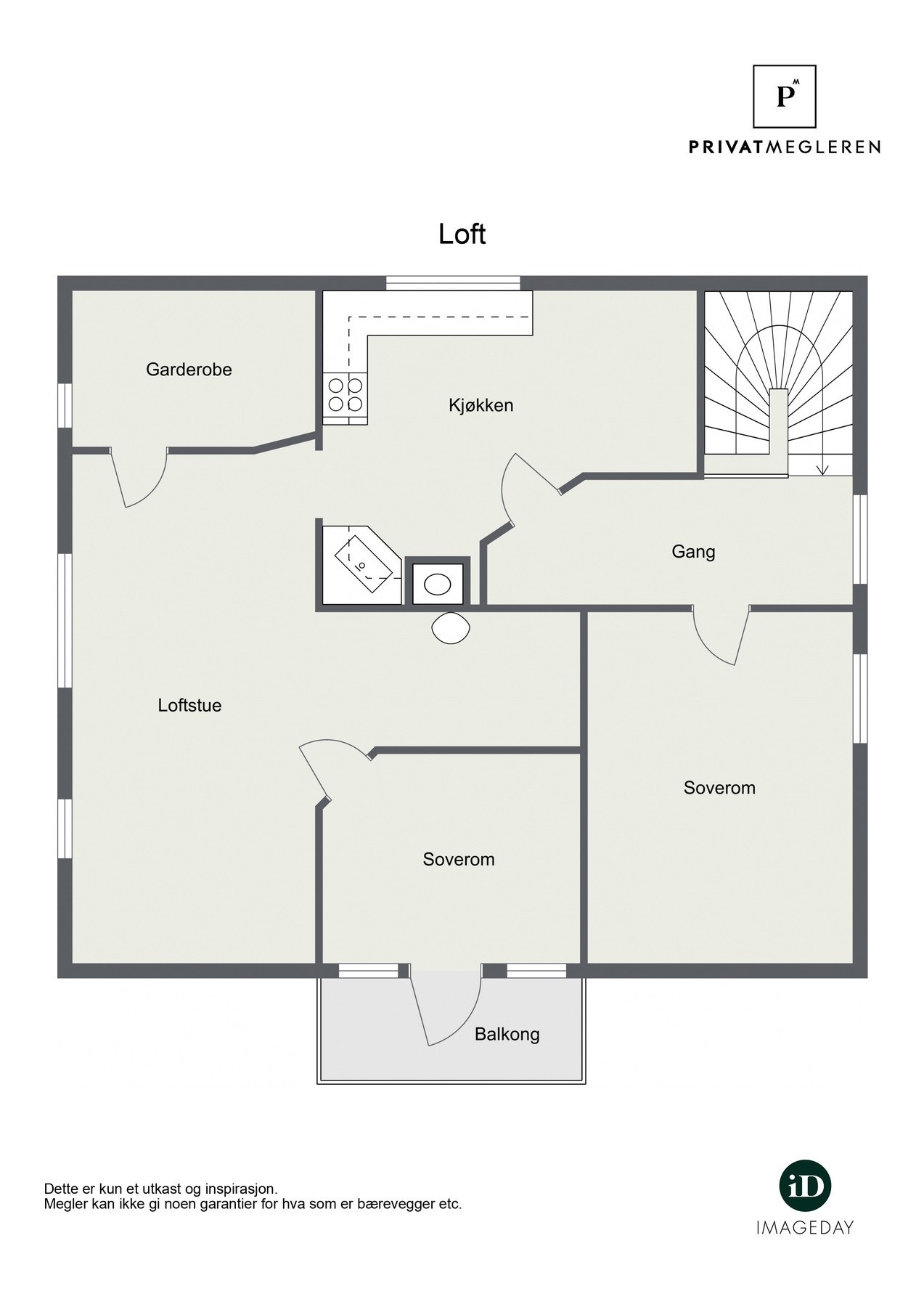 Plantegning loft: Loftstue, 2 soverom og ekstra kjøkken - fleksibel etasje som kan brukes som egen avdeling. Galleribilde