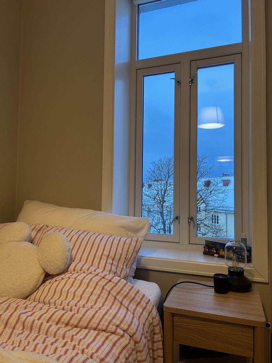 Stort vindu på soverom 1 med utsikt over bakgården. Følger med lystette gardiner. Galleribilde