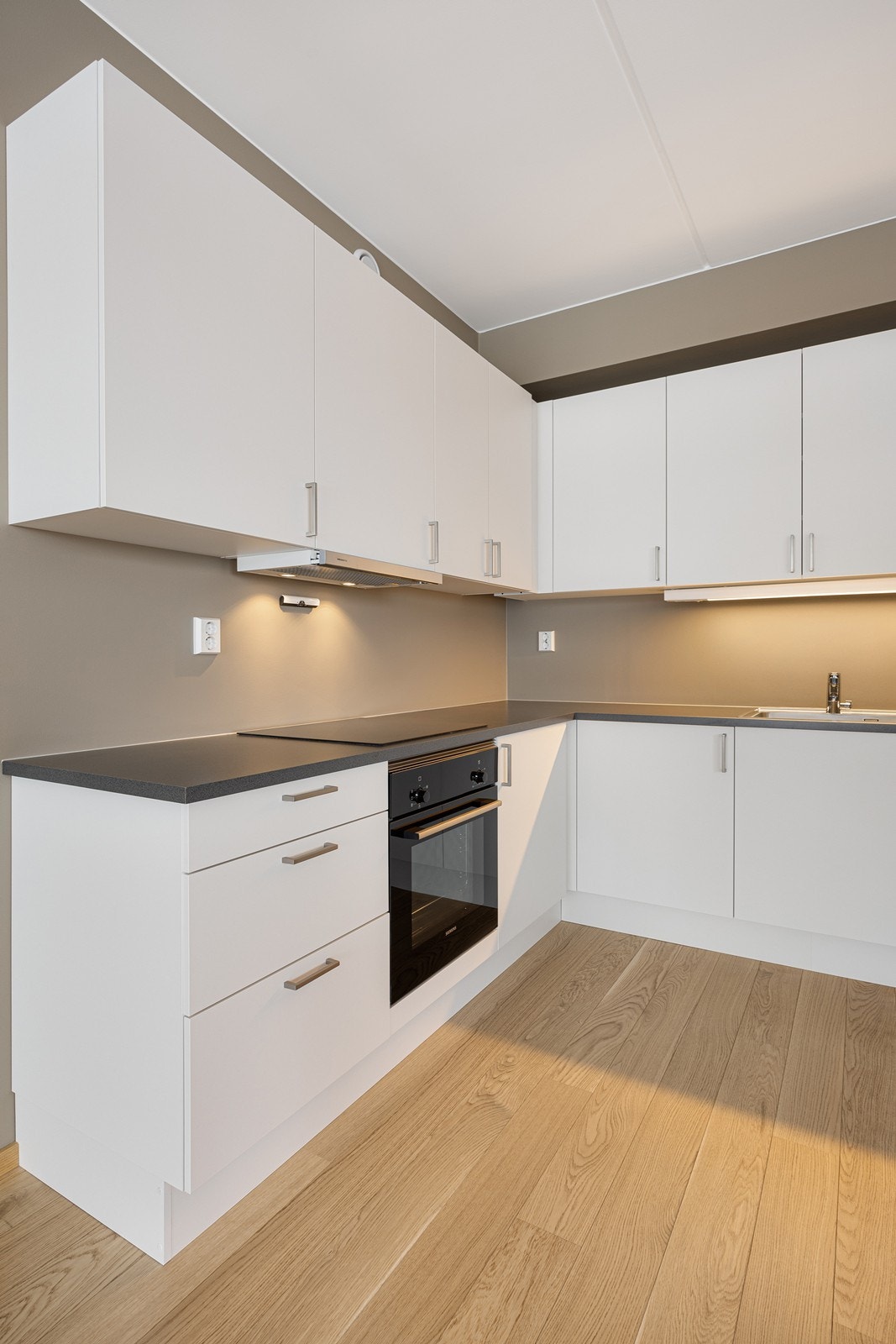 Hvitevarer er inkludert i form av stekeovn, platetopp, oppvaskmaskin og kombinert kjøleskap/fryseskap Galleribilde