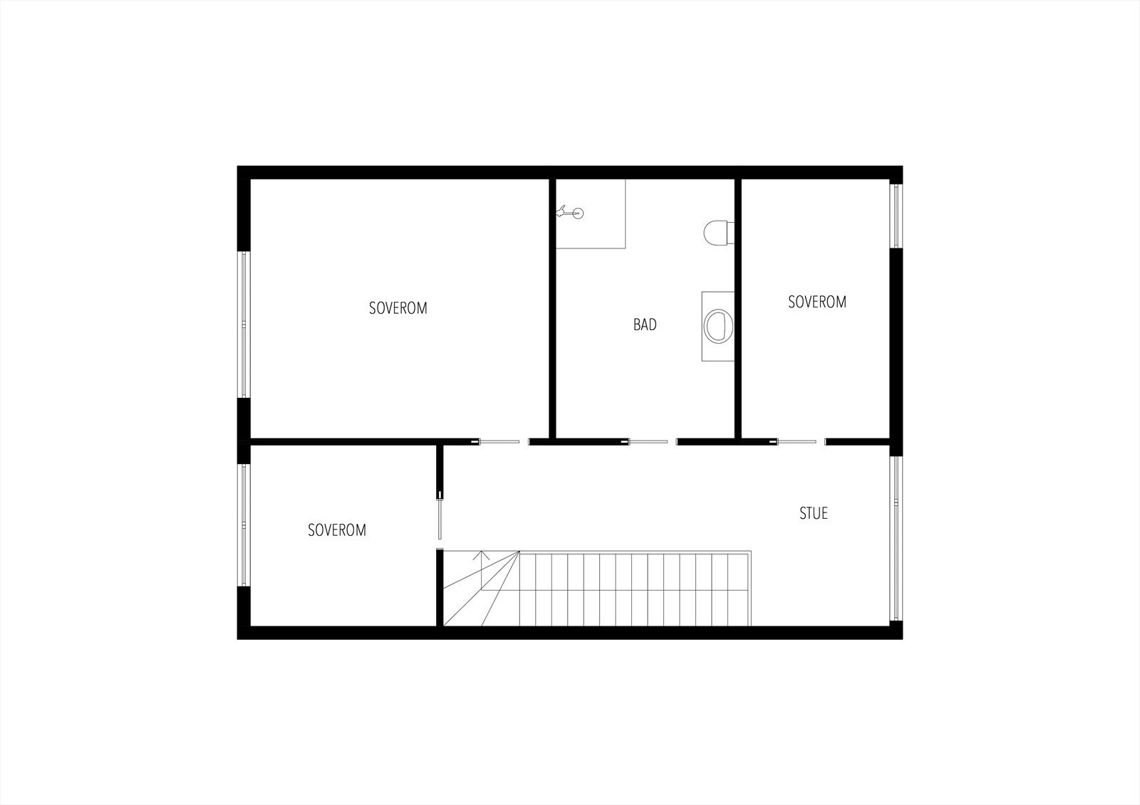 Plantegning 2. etasje. I denne etasjen er det praktisk plassert 3. soverom. Galleribilde