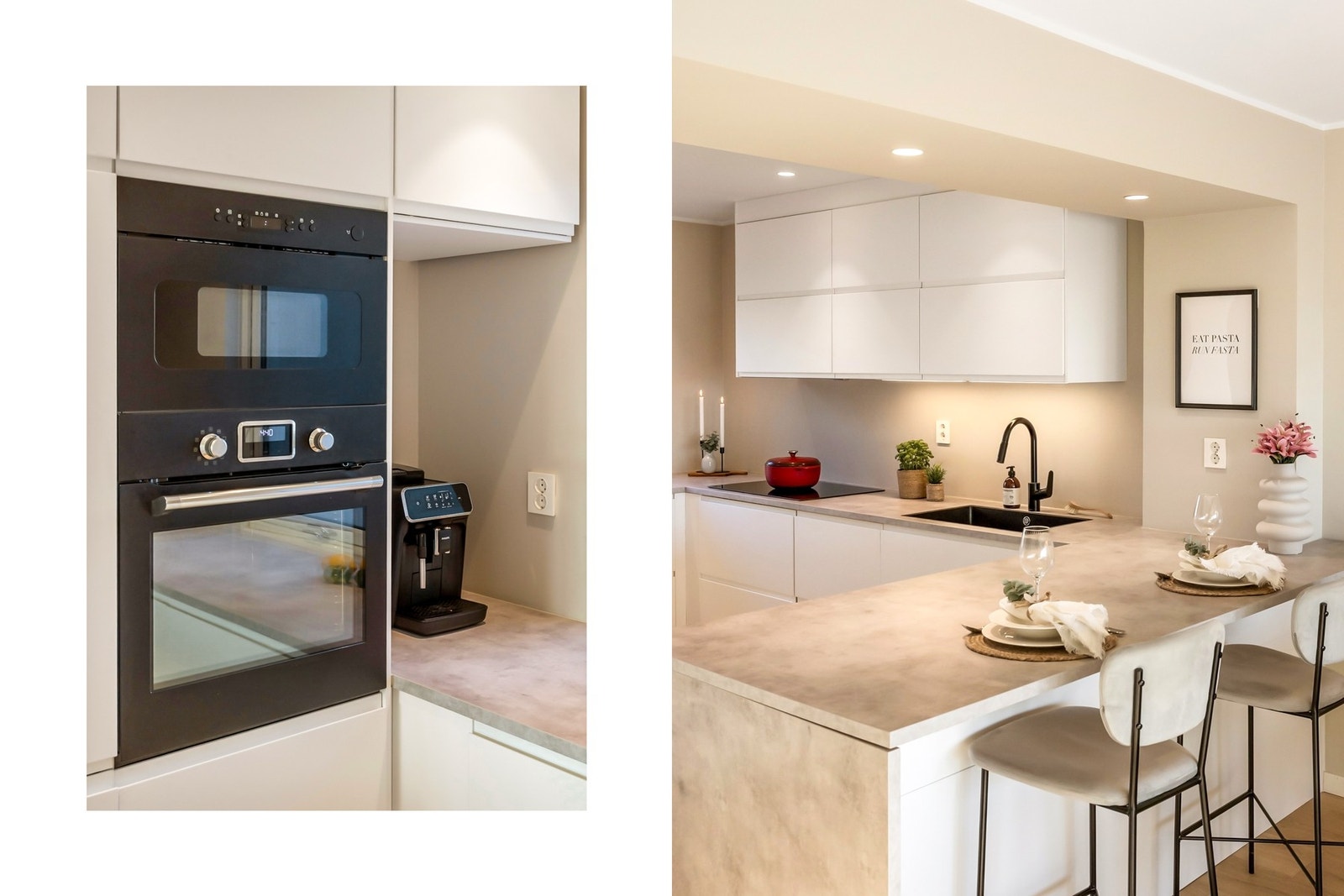 Integrerte hvitevarer: mikrobølgeovn, stekeovn, platetopp, oppvaskmaskin samt kjøl- og fryseskap Galleribilde