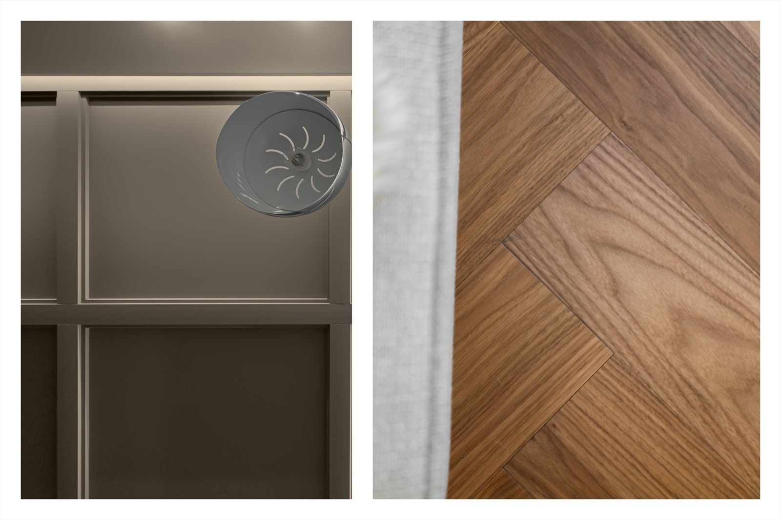 Nydelige detaljer i form av plassbygget coffertak og fiskebensmønster. Galleribilde