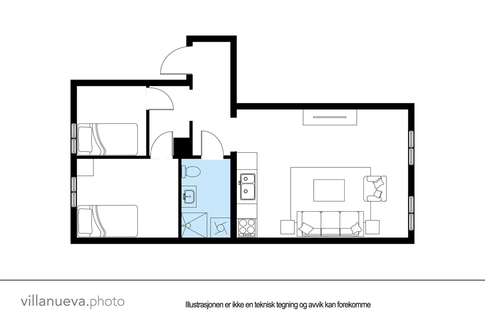 Alternativ plantegning med 2 soverom. Plantegningen er ikke målbar, og avvik kan/vil forekomme. Galleribilde