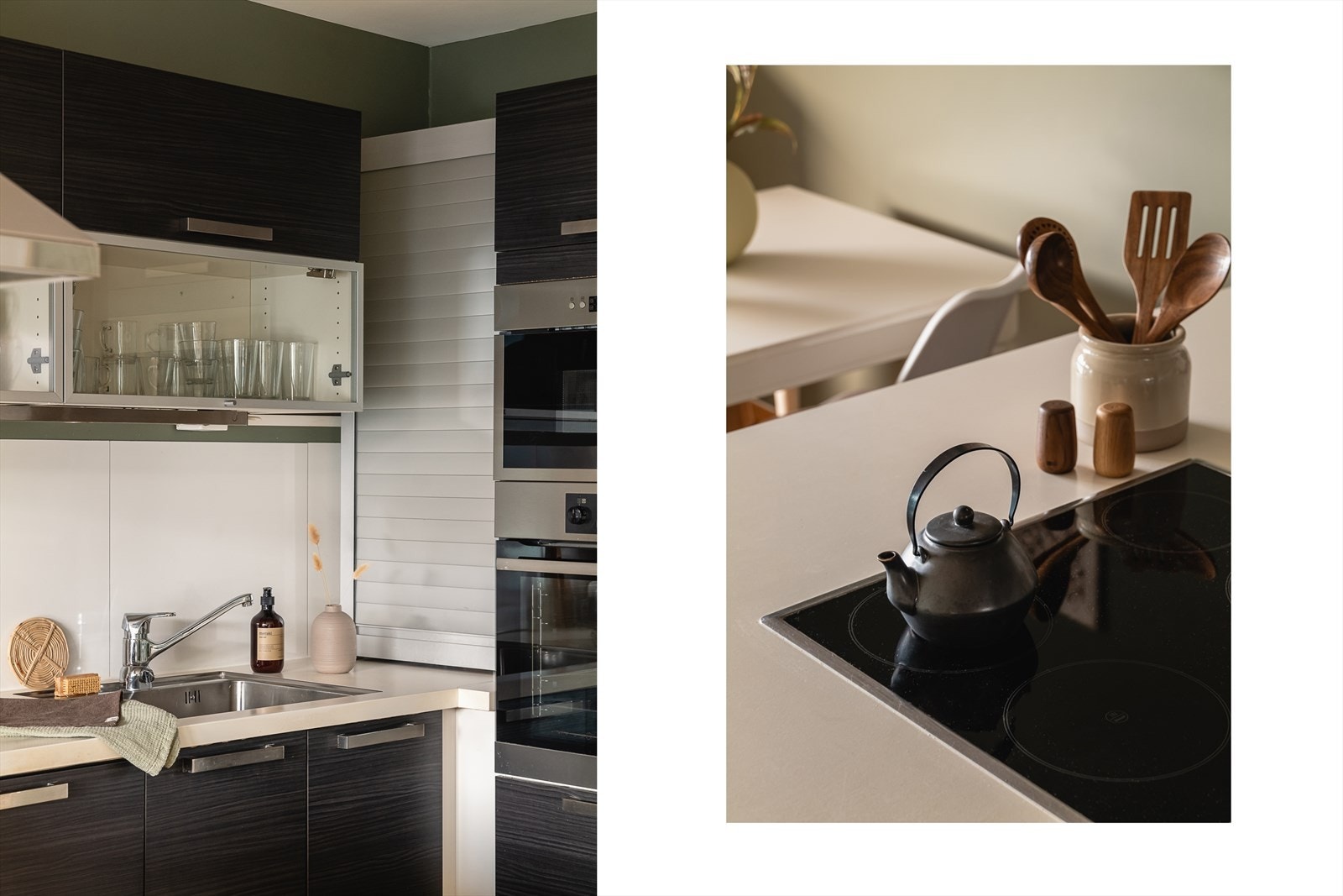 Integrert stekeovn, mikrobølgeovn, mikrobølgeovn og koketopp. Kjøleskap m/frys medfølger også. Smarte løsninger med mye skapplass. Galleribilde