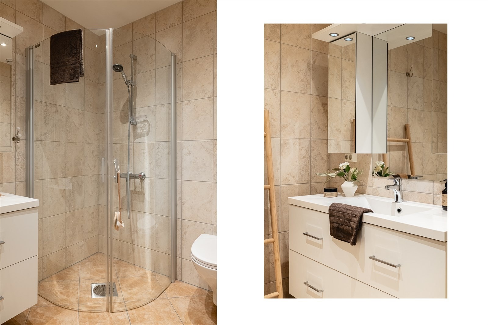 Dette er tidløst, pent helfliset og med delikat innredning, varmekabler i gulv og spotter i himling. Galleribilde