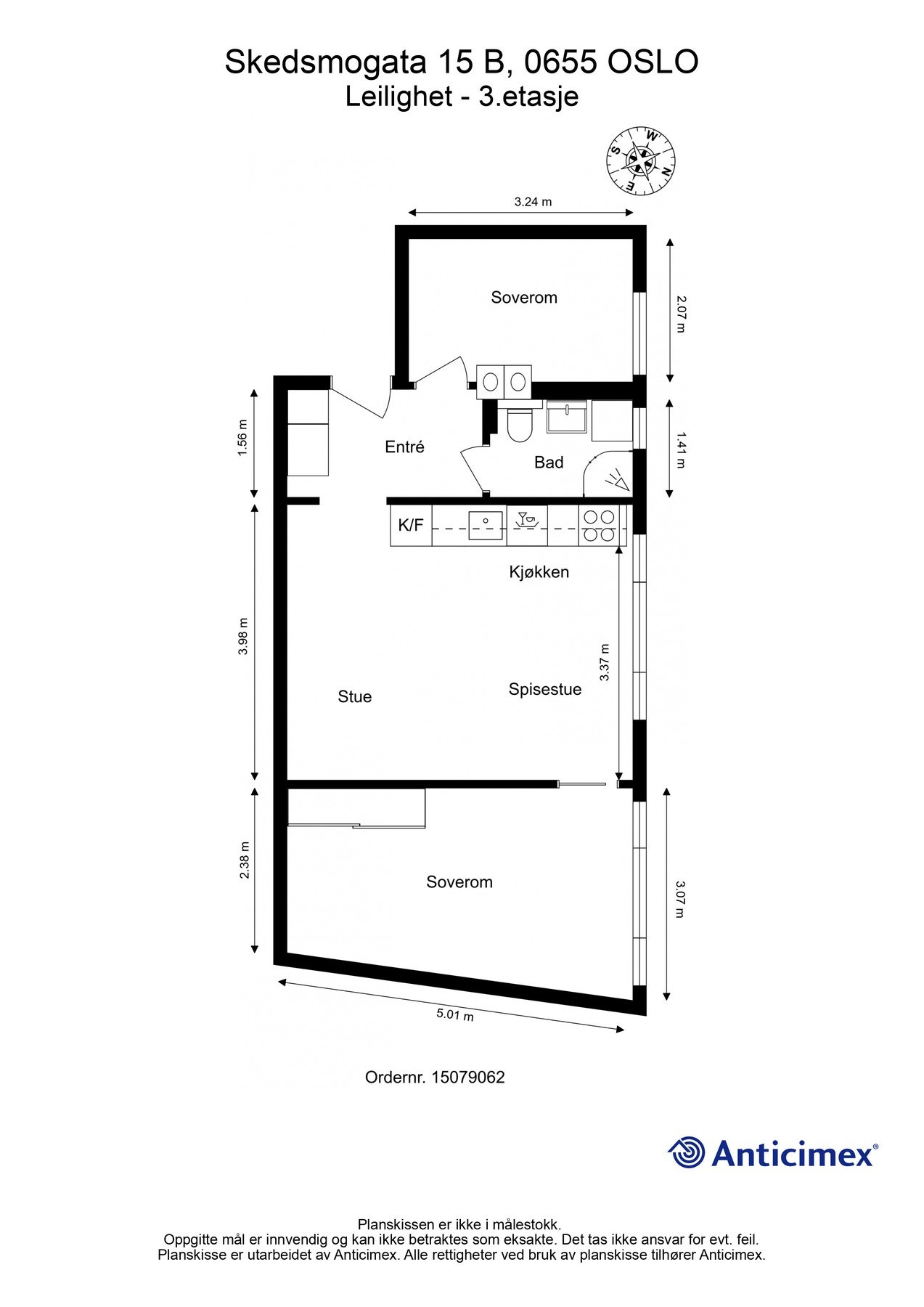 Plantegning 3. etasje. I tillegg disponerer leiligheten en kjellerbod på 5m² (merket nr. 15). Galleribilde