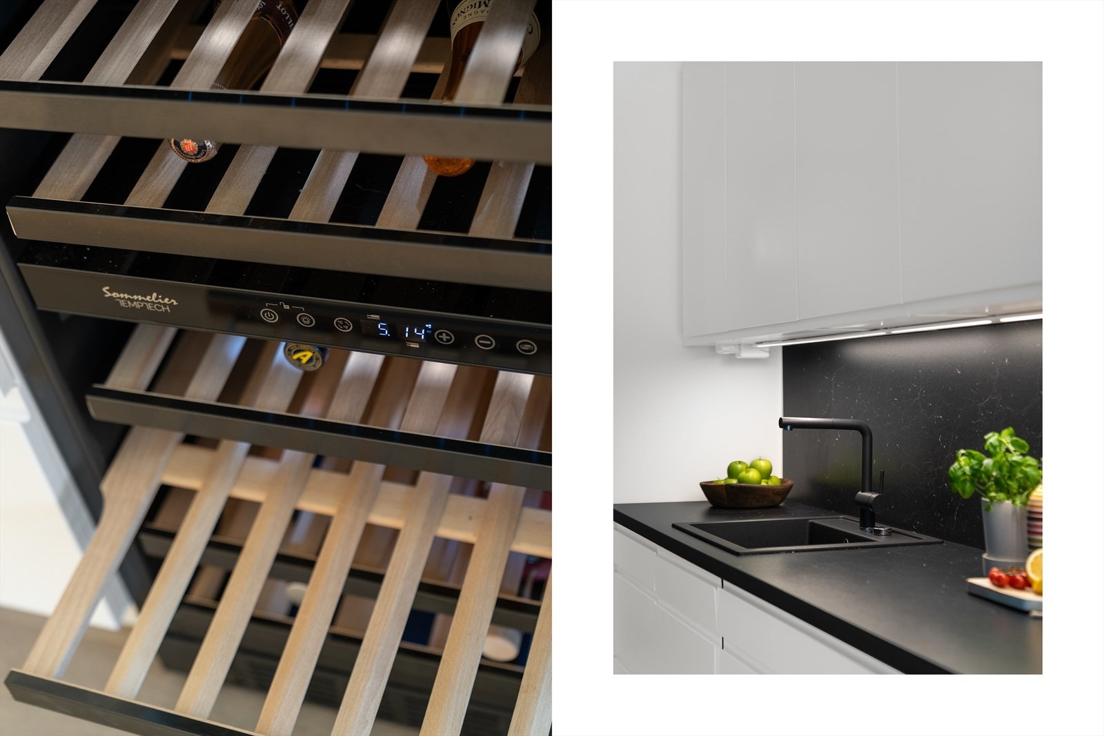 - Her får man også luksusen av å ha eget vinskap på kjøkkenet - Galleribilde