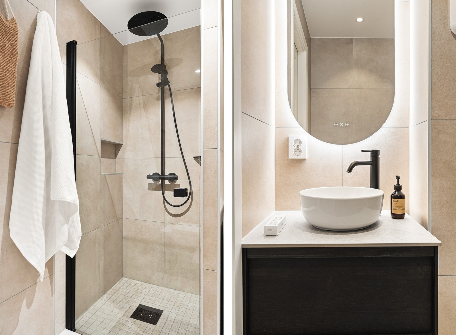 Badet er helfliset med underliggende varmekabler i gulv og innfelte downlights i tak. Galleribilde