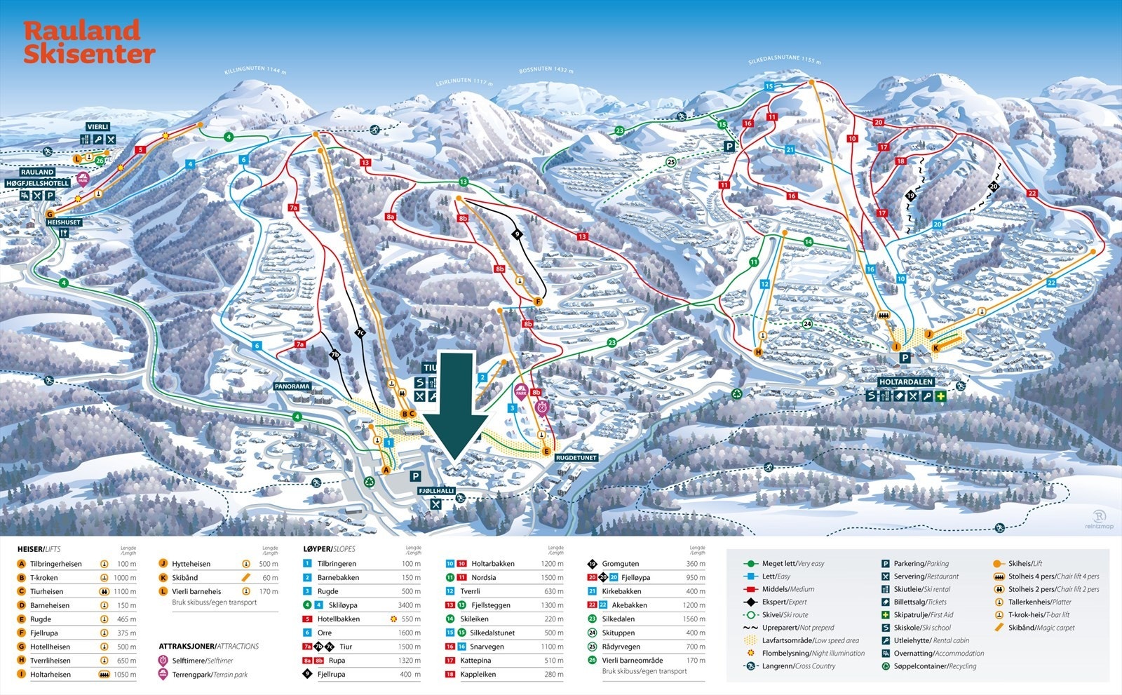 Kart over alpinbakker på Rauland Skisenter - et familievennlig skisenter med løyper for alle nivåer. Leiligheten er markert i kartet. Galleribilde