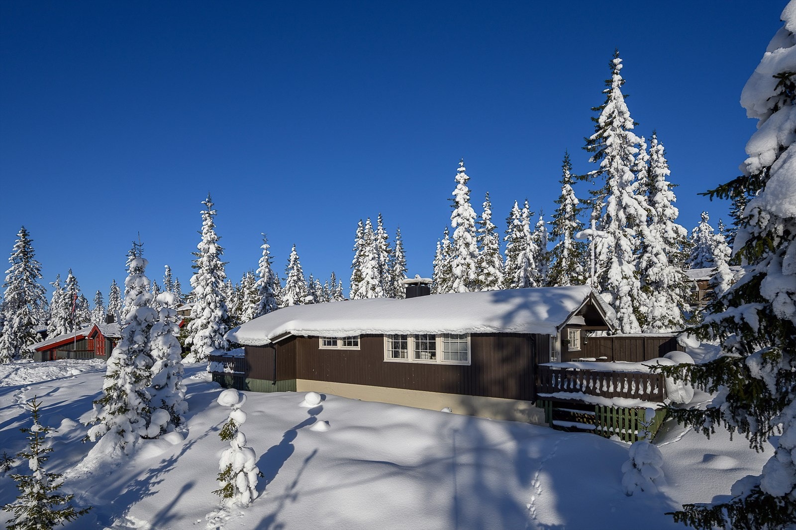 Hytta ligger forholdvis skjermet for direkte innsyn. Lune og fine omgivelser med gode solforhold. Galleribilde