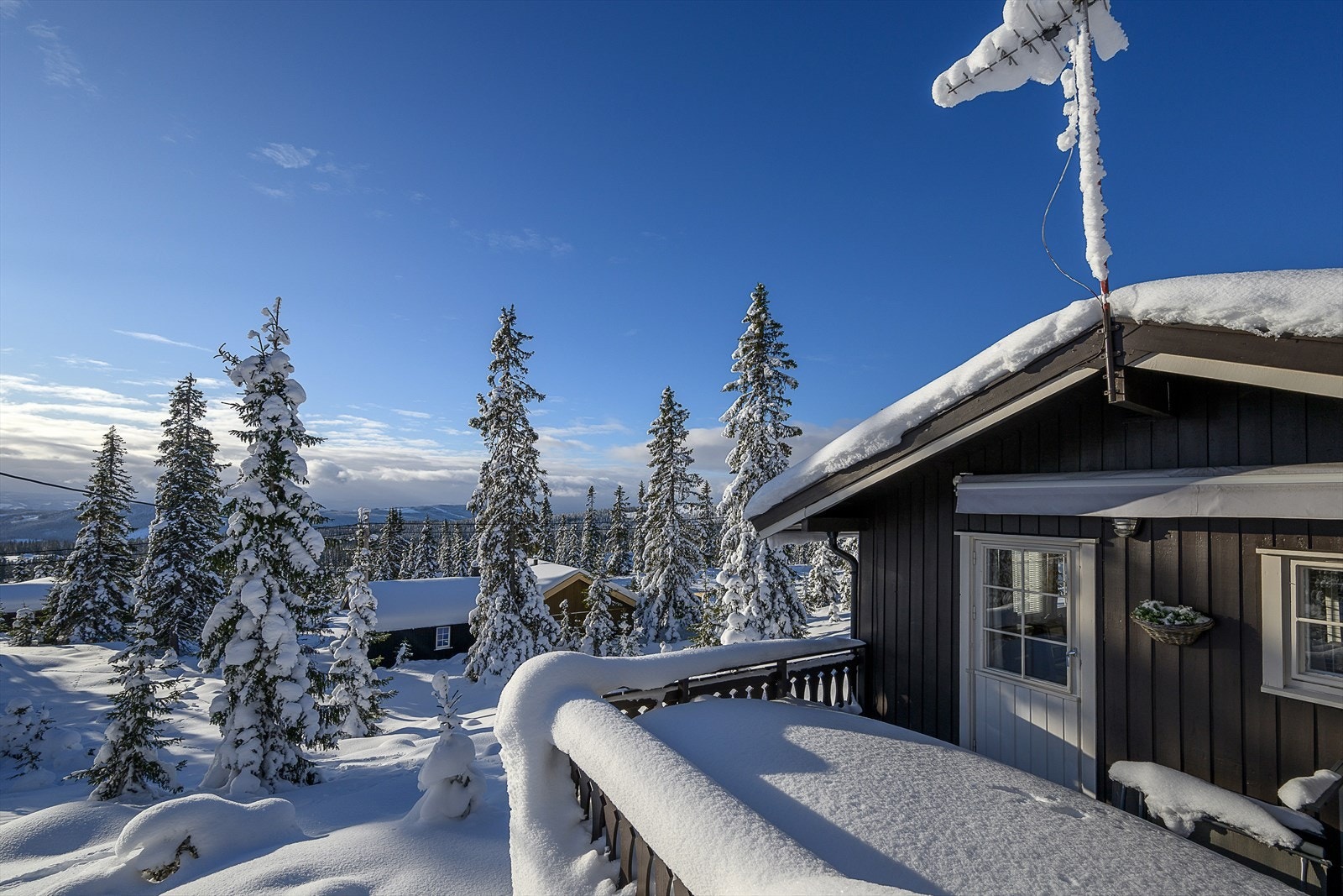 Skjermet for innsyn og en fin plass å slappe av i hytteveggen. Adkomst ut til terrassen fra stua. Galleribilde