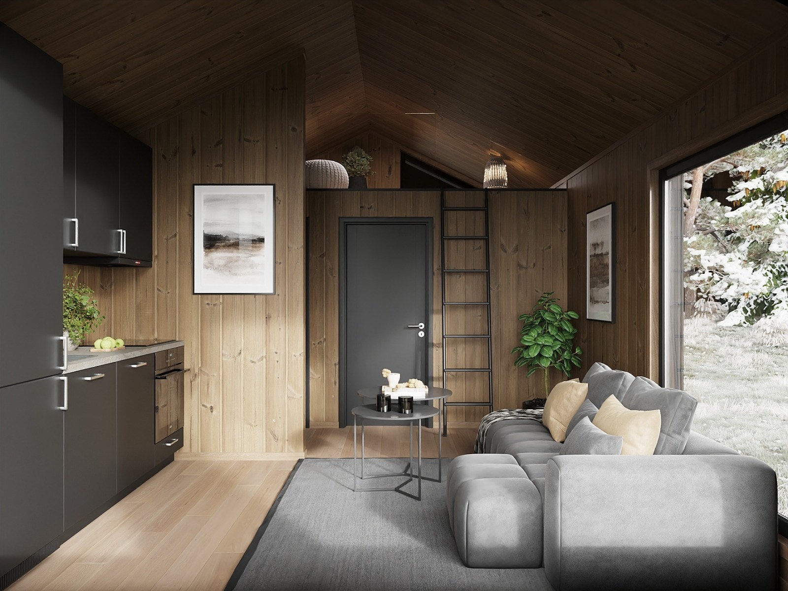 På 21 m² er hver detalj nøye planlagt for maksimal komfort. Hytta rommer separat soverom, bad med gass-toalett, stue og kjøkken i åpen løsning, samt en lun hems med ekstra soveplasser. Galleribilde