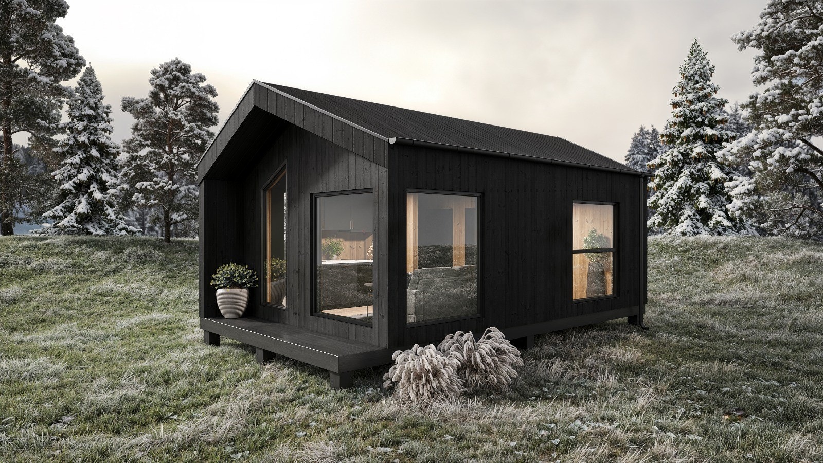 Hytta monteres skånsomt på påler i terrenget, uten bilvei, vann eller strøm. Galleribilde