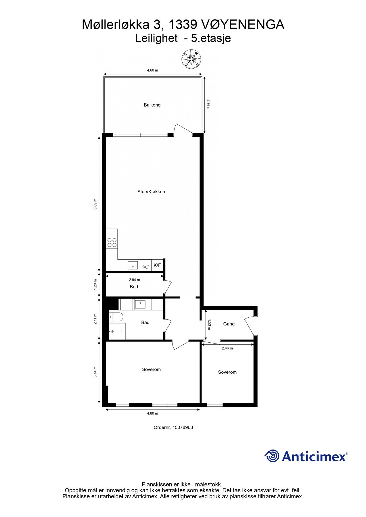 Leiligheten består av gang, stue/kjøkken, bad, to soverom og bod. Galleribilde