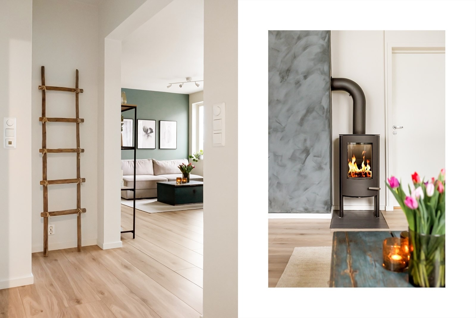 Entréen leder videre til stuen som fordeler leilighetens rom fint utover etasjen. Førsteinntrykket er moderne, lyst og innbydende, hvor tidsriktige farger på overflatene og pent laminatgulv er gjennomgående for hele leiligheten. Galleribilde