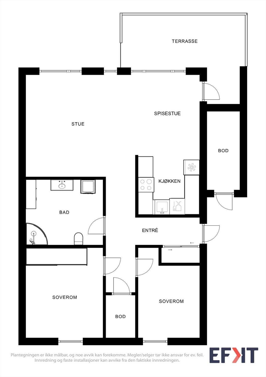 Plantegningen viser en 3-roms leilighet med stue og spisestue som har utgang til en terrasse på 14 m². Galleribilde
